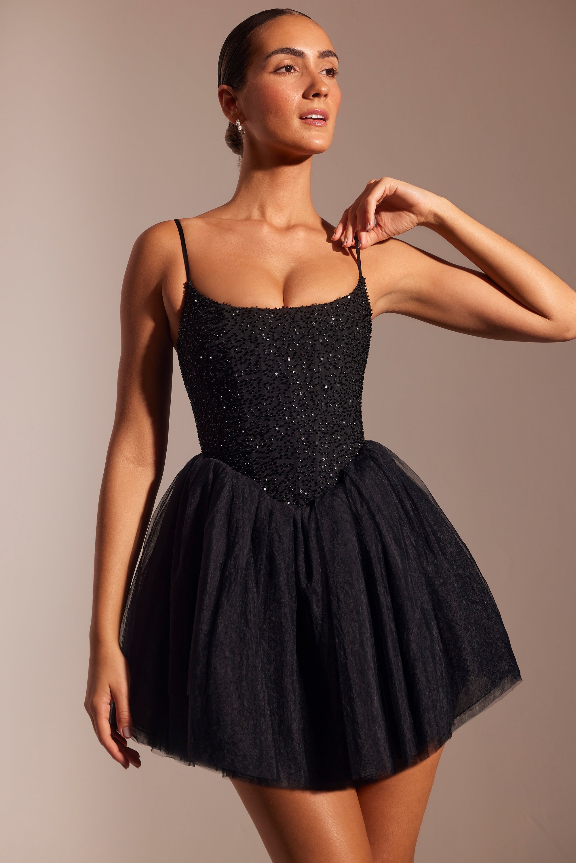 Embellished Corset Tulle Skirt Mini Dress in Black