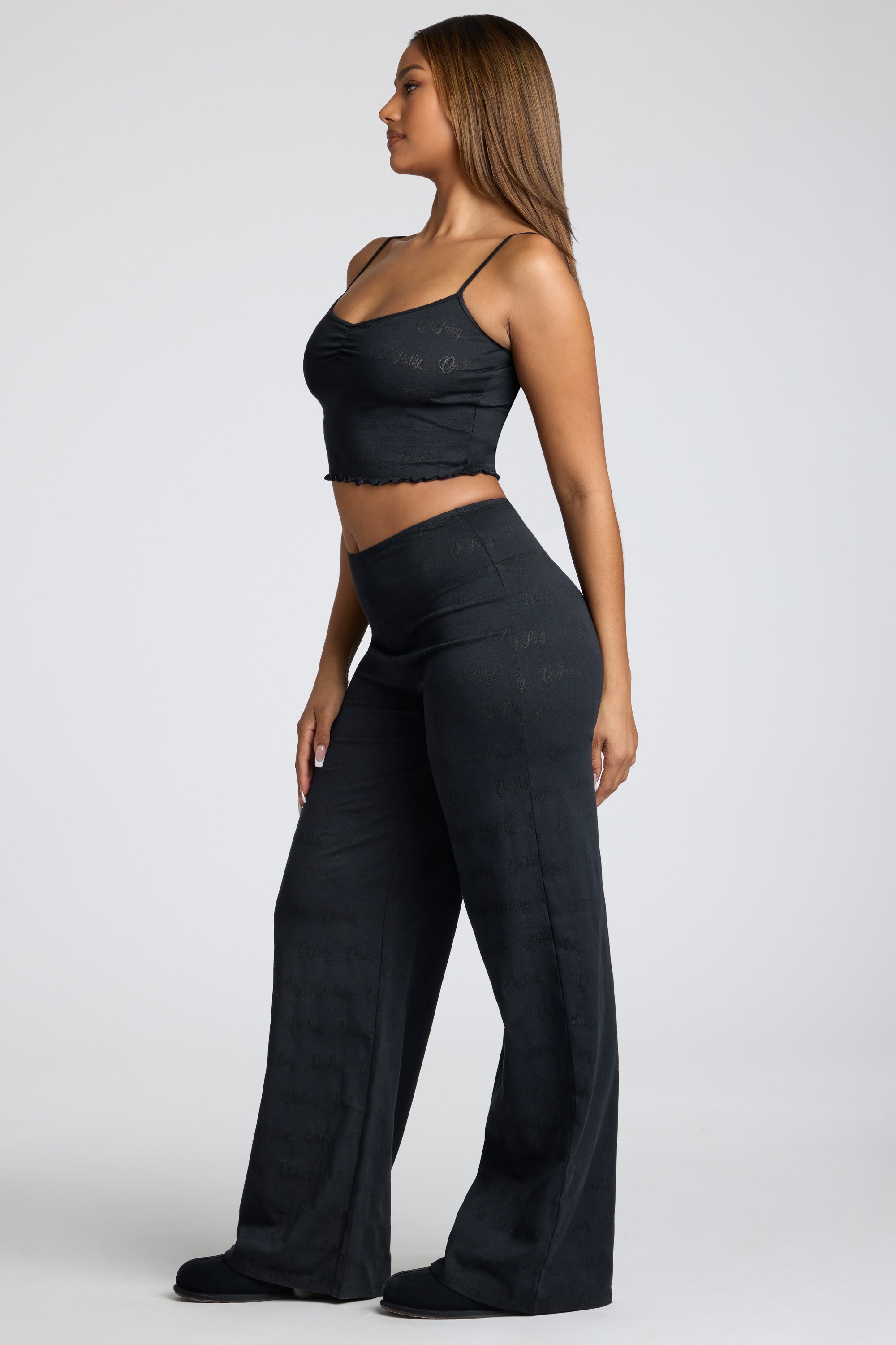 Strappy Ruched Pointelle Crop Top in Black