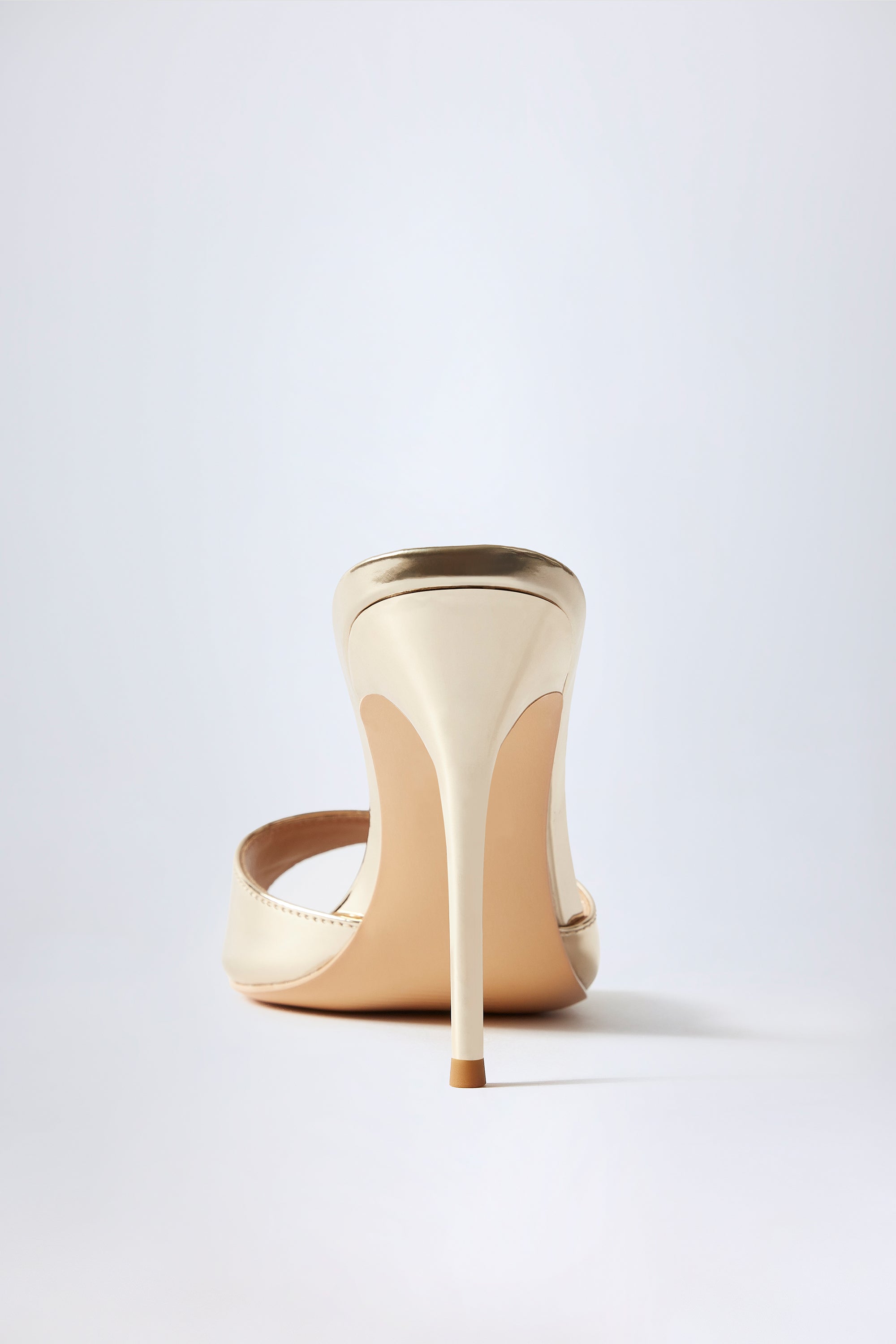 Almond-Toe Heeled Mules in Mirrored Gold