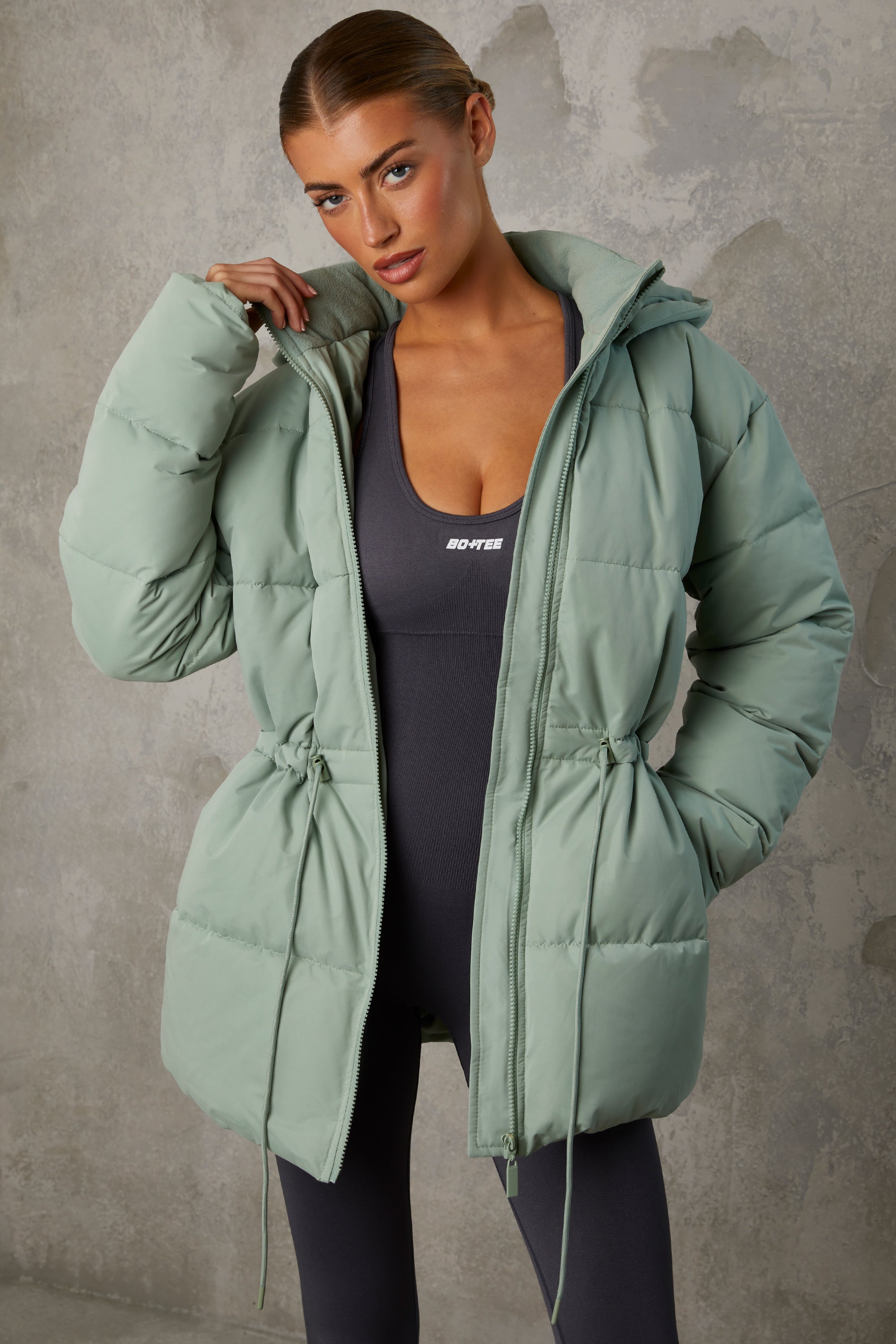 Mid Length Hooded Puffer Coat in Iceberg Green