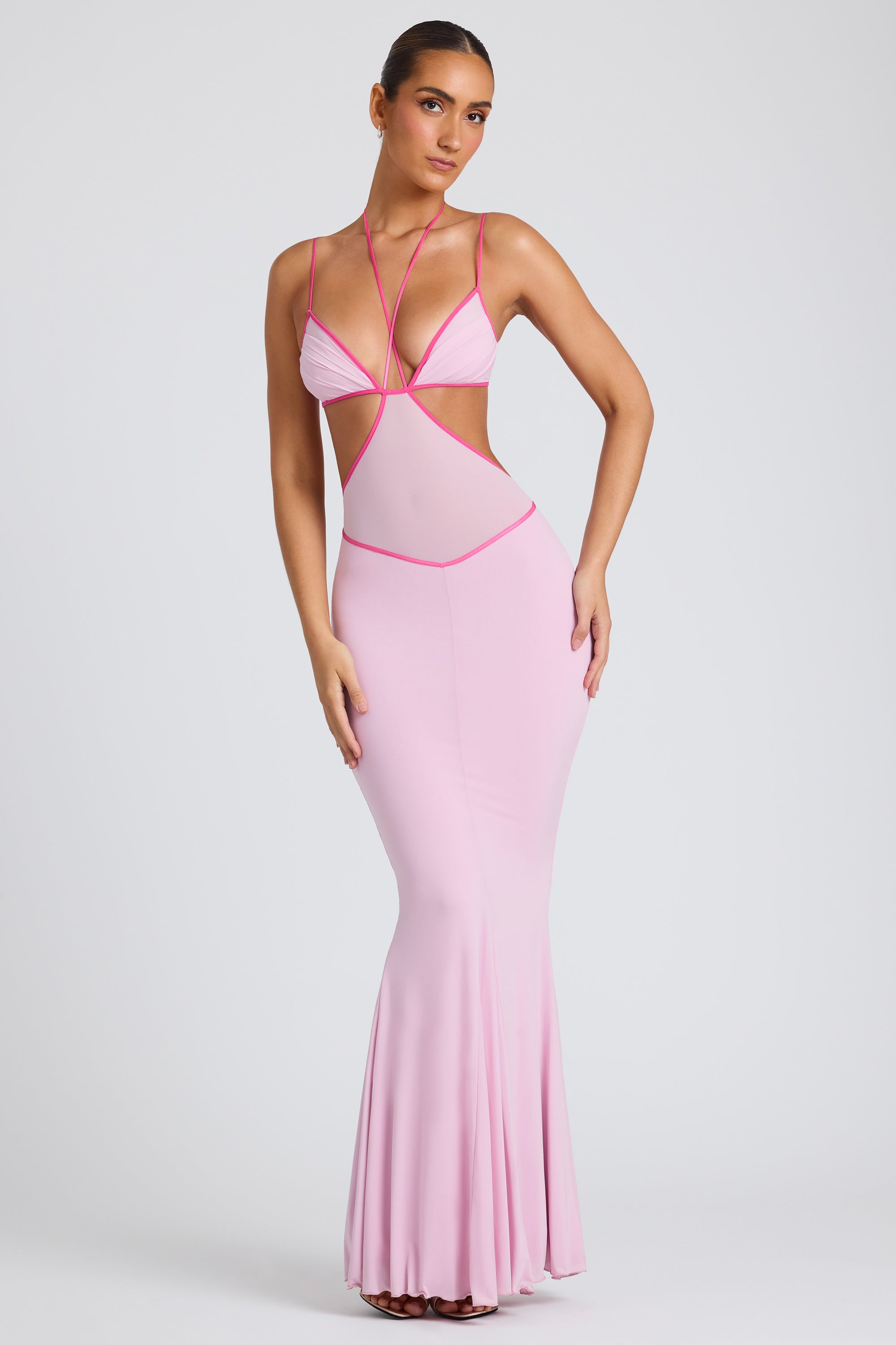 Contrast Binding Cut Out Evening Gown in Soft Pink