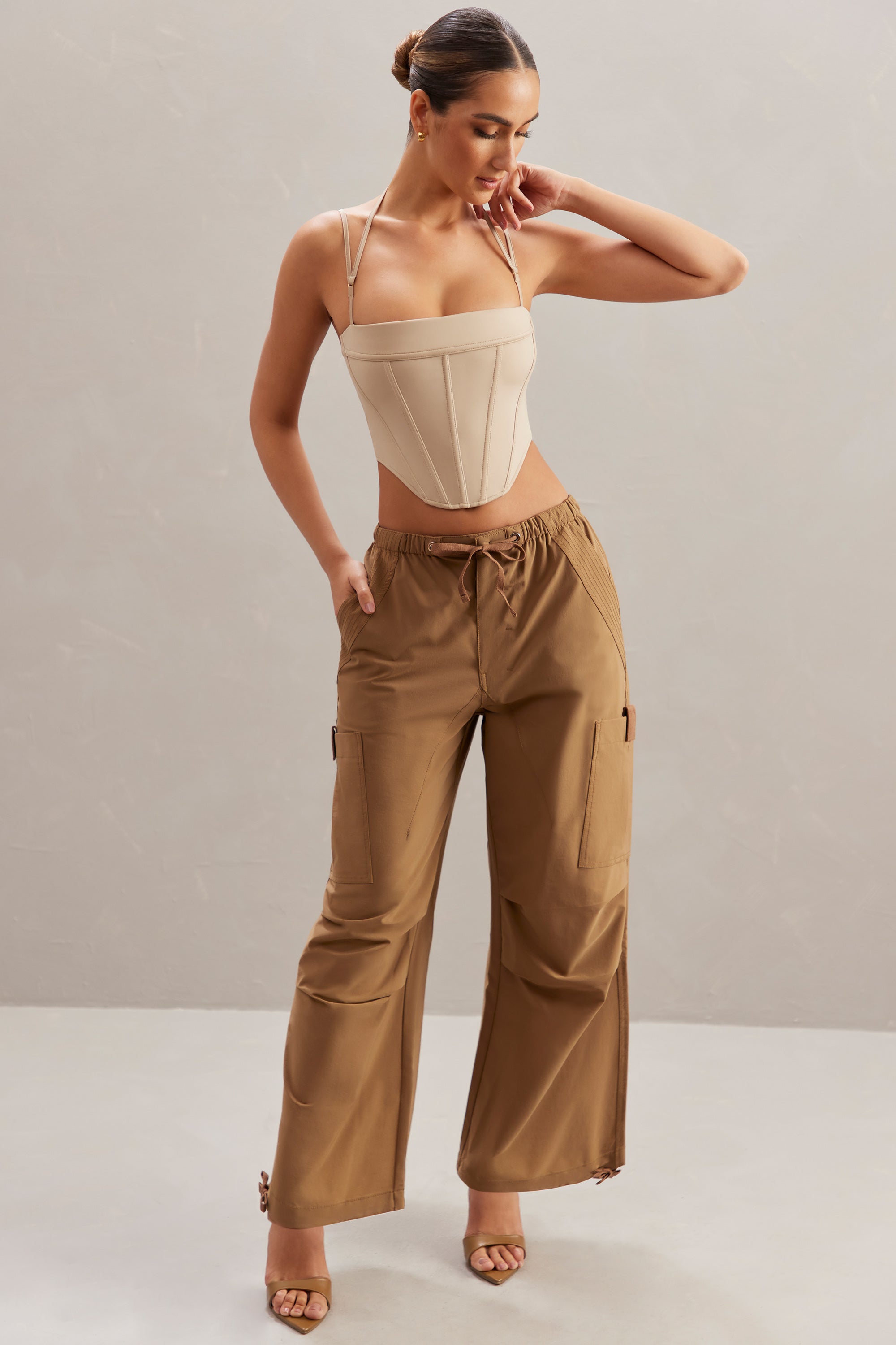 Wide Leg Cargo Trousers in Tan