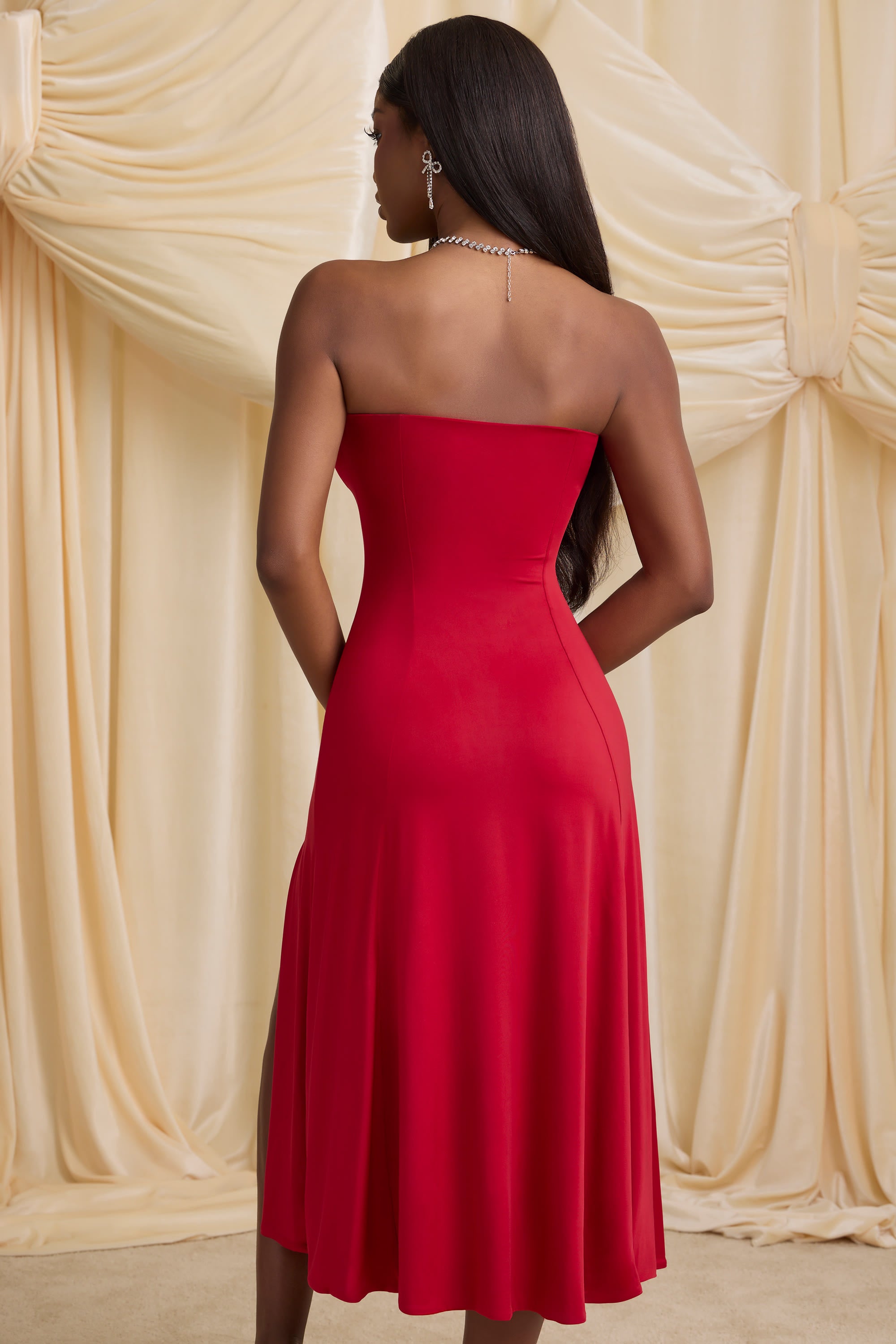 Slinky Jersey Strapless A-Line Midaxi Dress in True Red