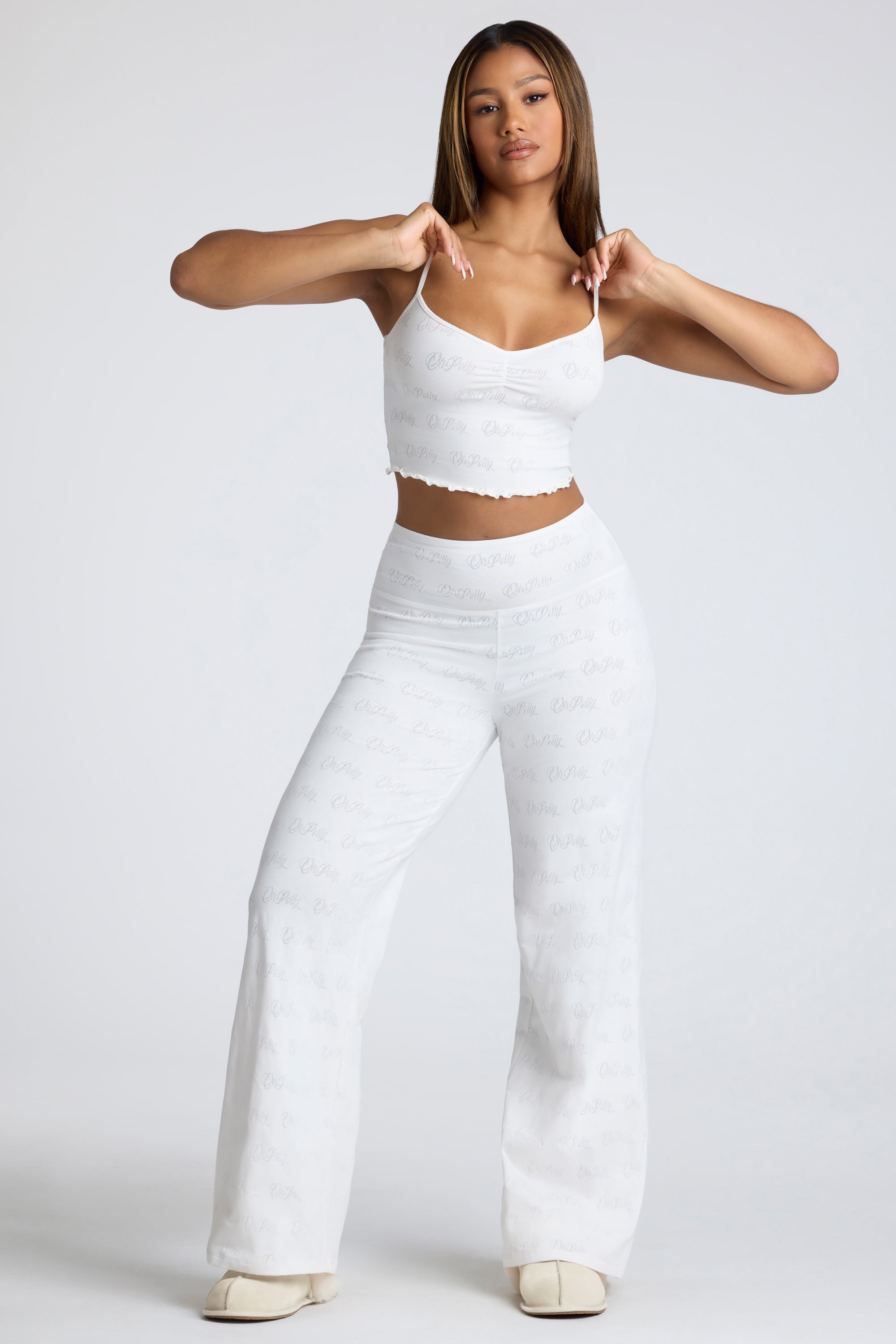 Strappy Ruched Pointelle Crop Top in White