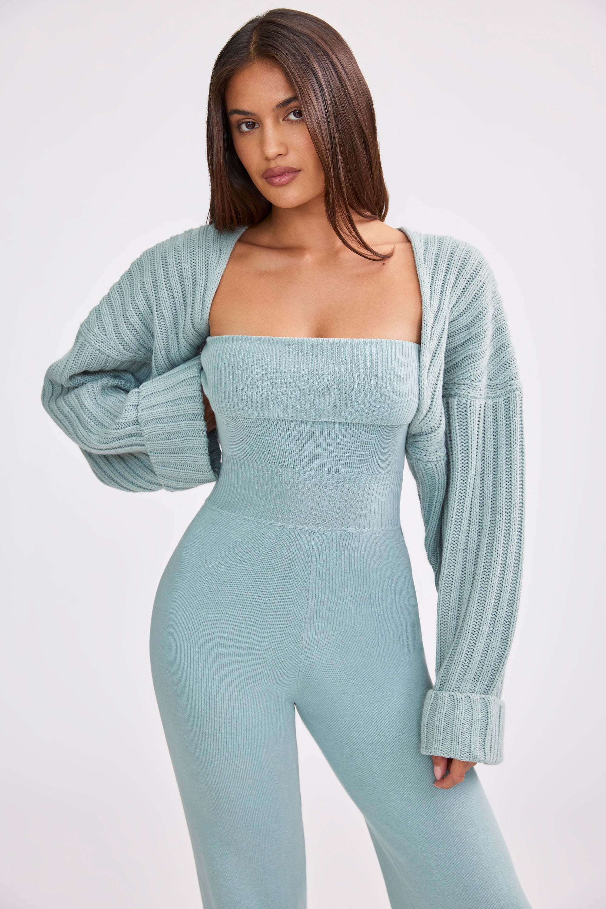 Oversized Chunky Knit Shrug in Dusty Teal