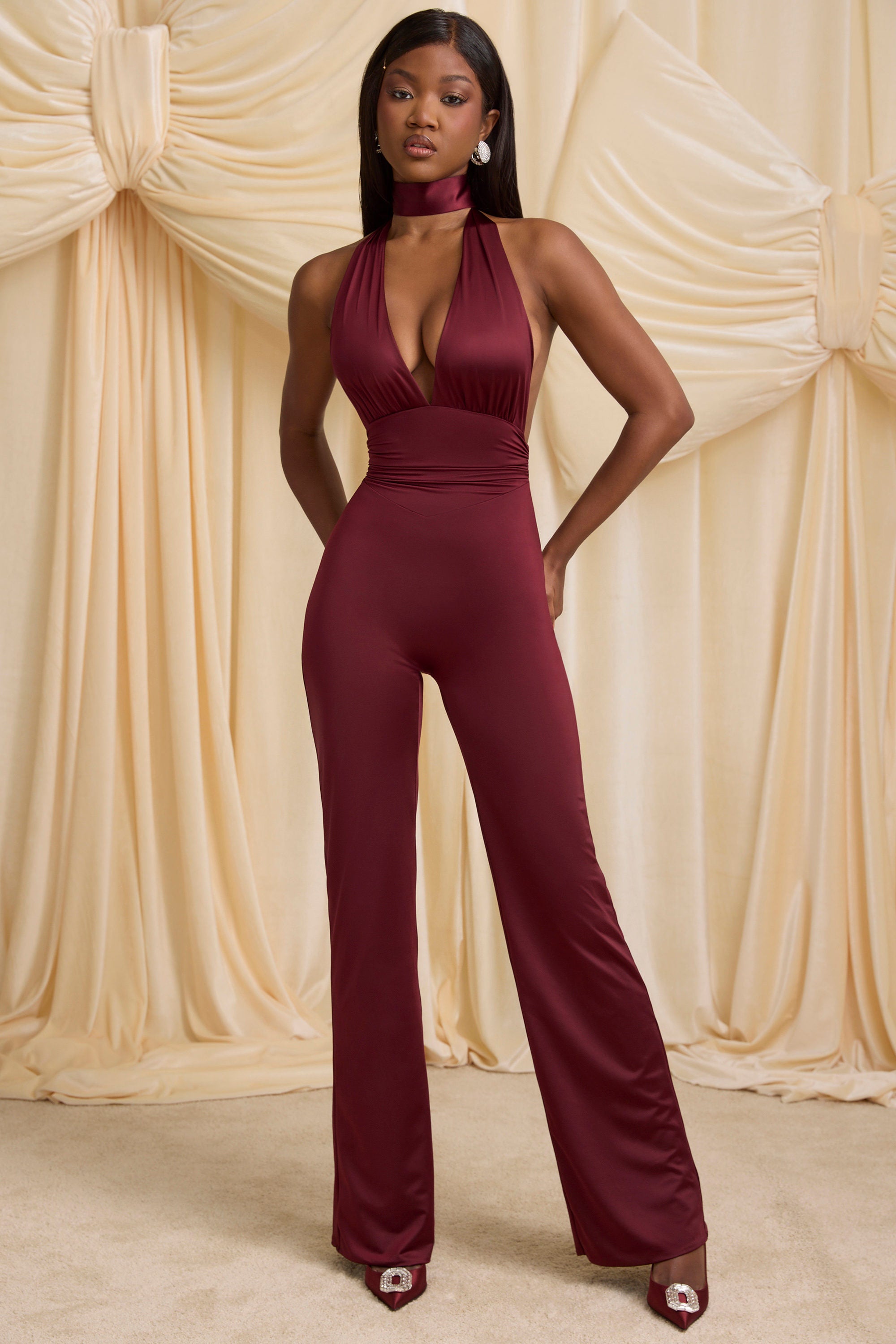 Tall Scarf-Detail Halterneck Jumpsuit in Wine Red