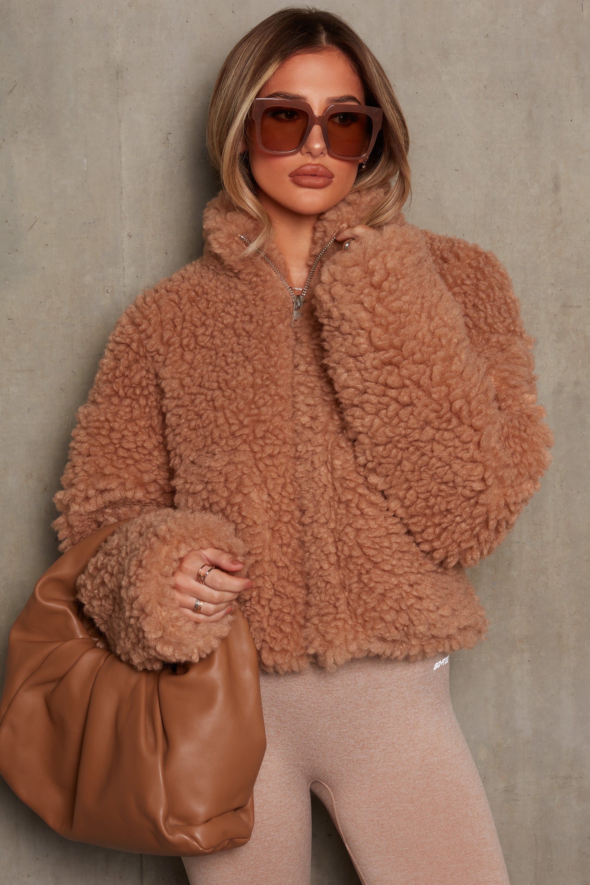 Oversized Boucle Teddy Coat in Camel