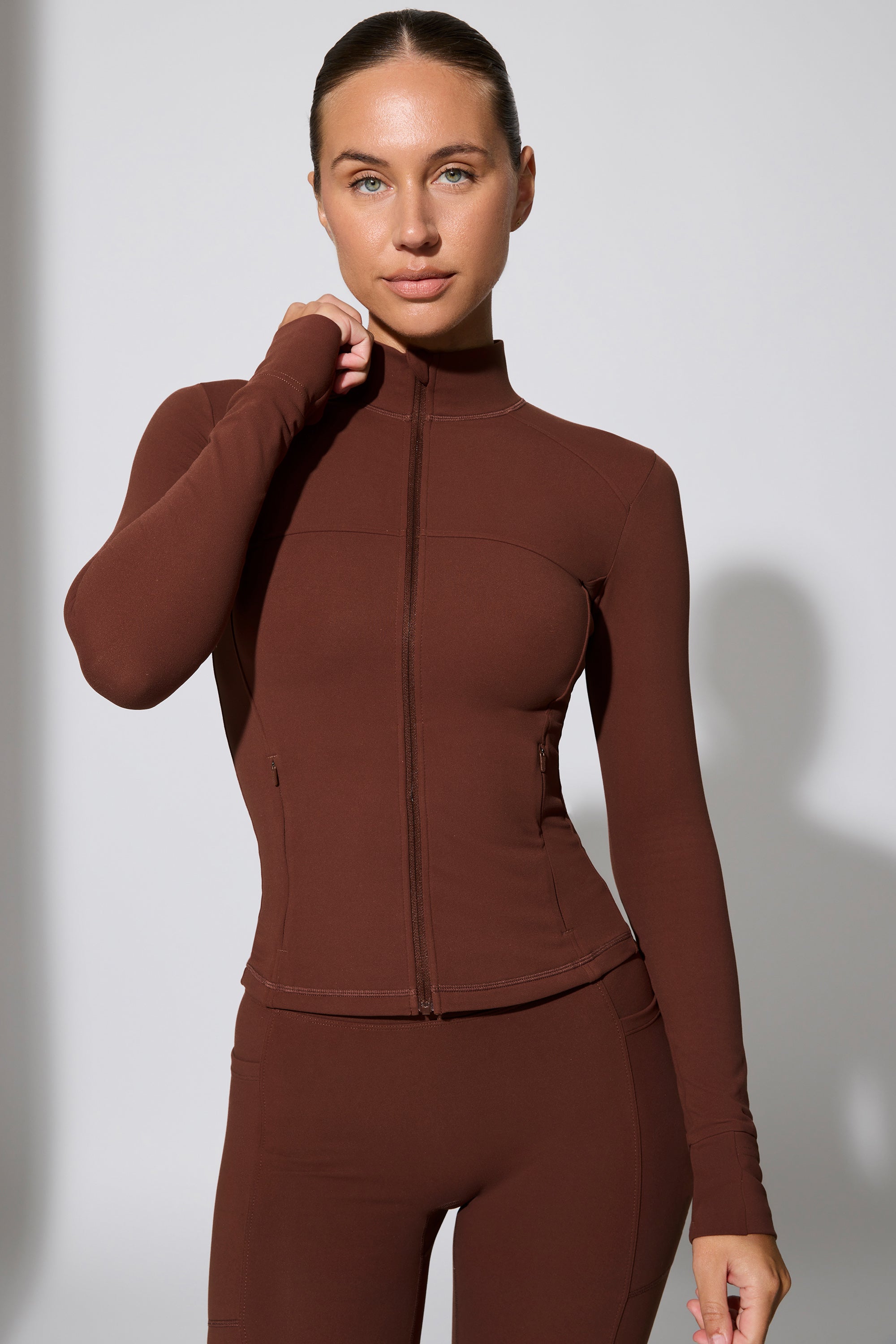 Long Sleeve Zip Up Jacket in Chocolate