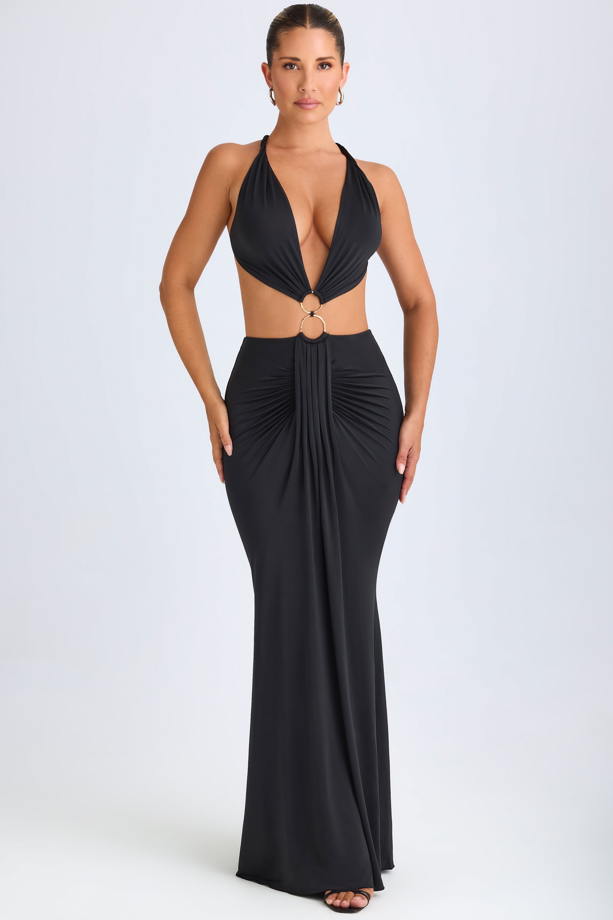 Hardware Detail Cut-Out Halterneck Maxi Dress in Black