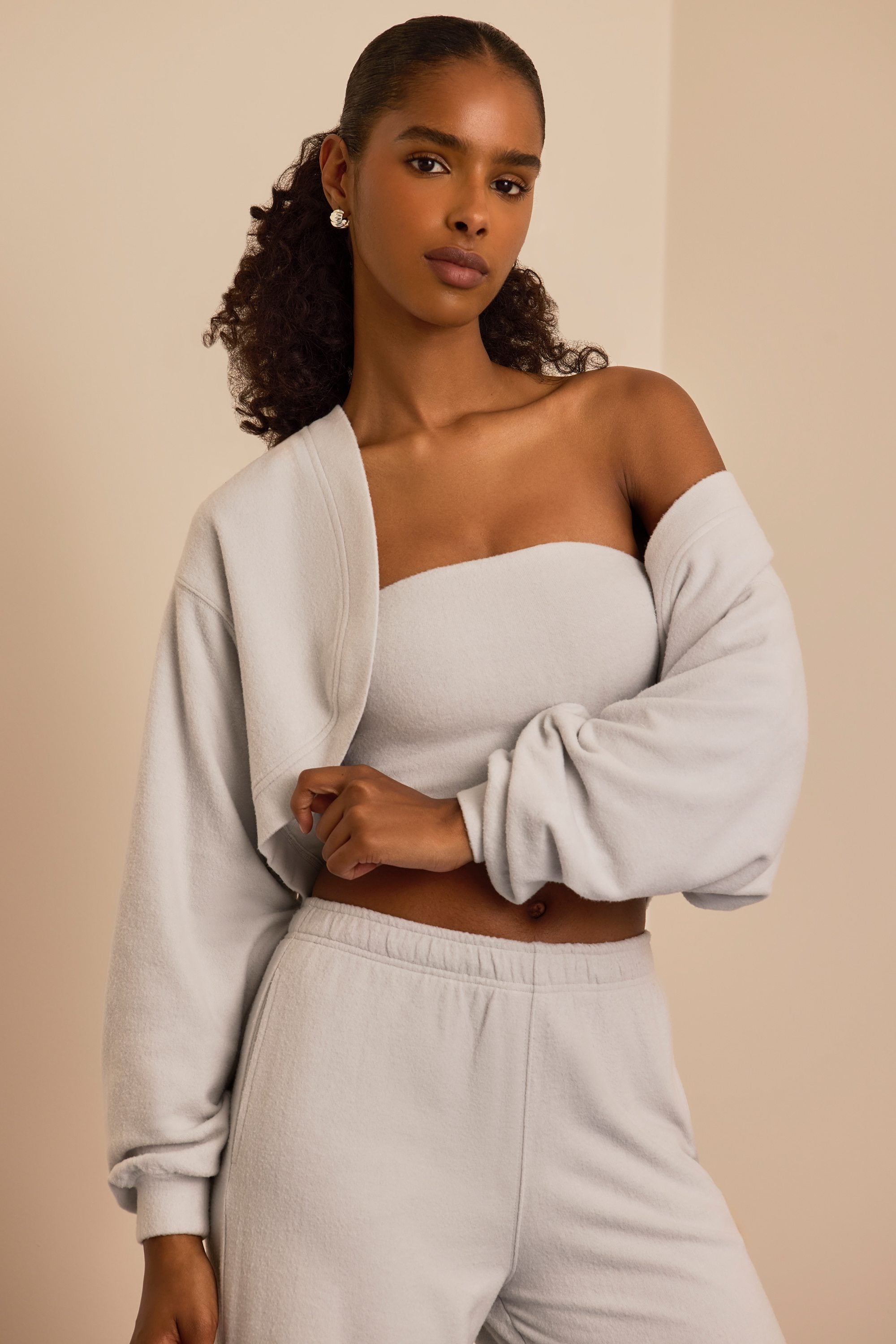 Brushed Jersey Hooded Cropped Shrug in Fog Grey