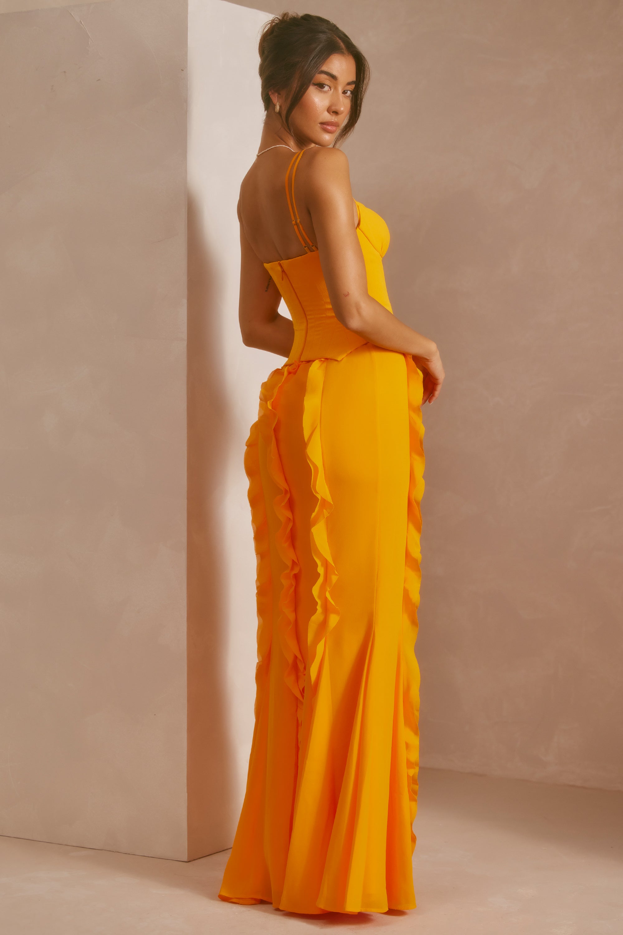 Corset Frill Skirt Maxi Dress in Tangerine