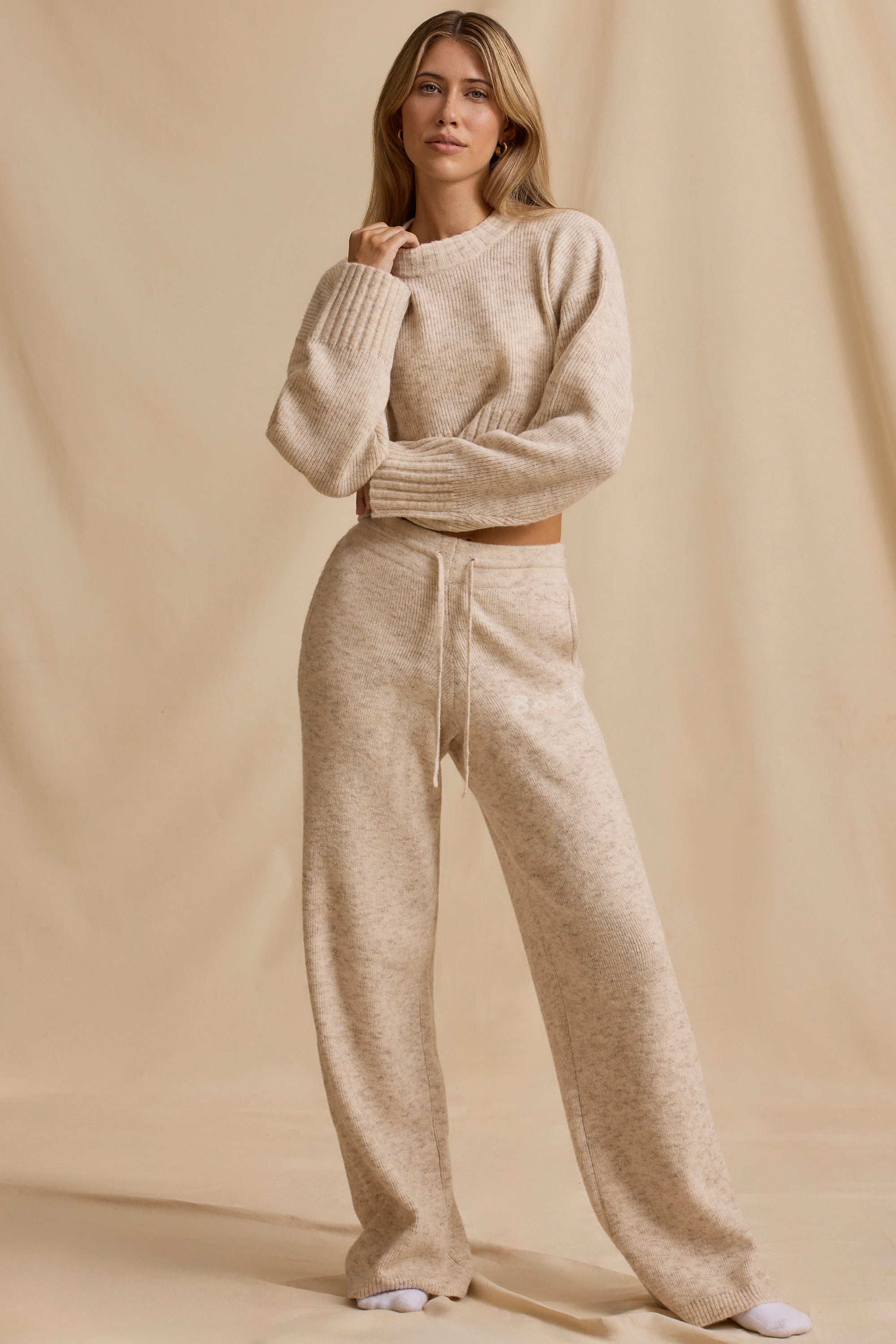 Petite Mid-Rise Wide-Leg Joggers in Cream Marl