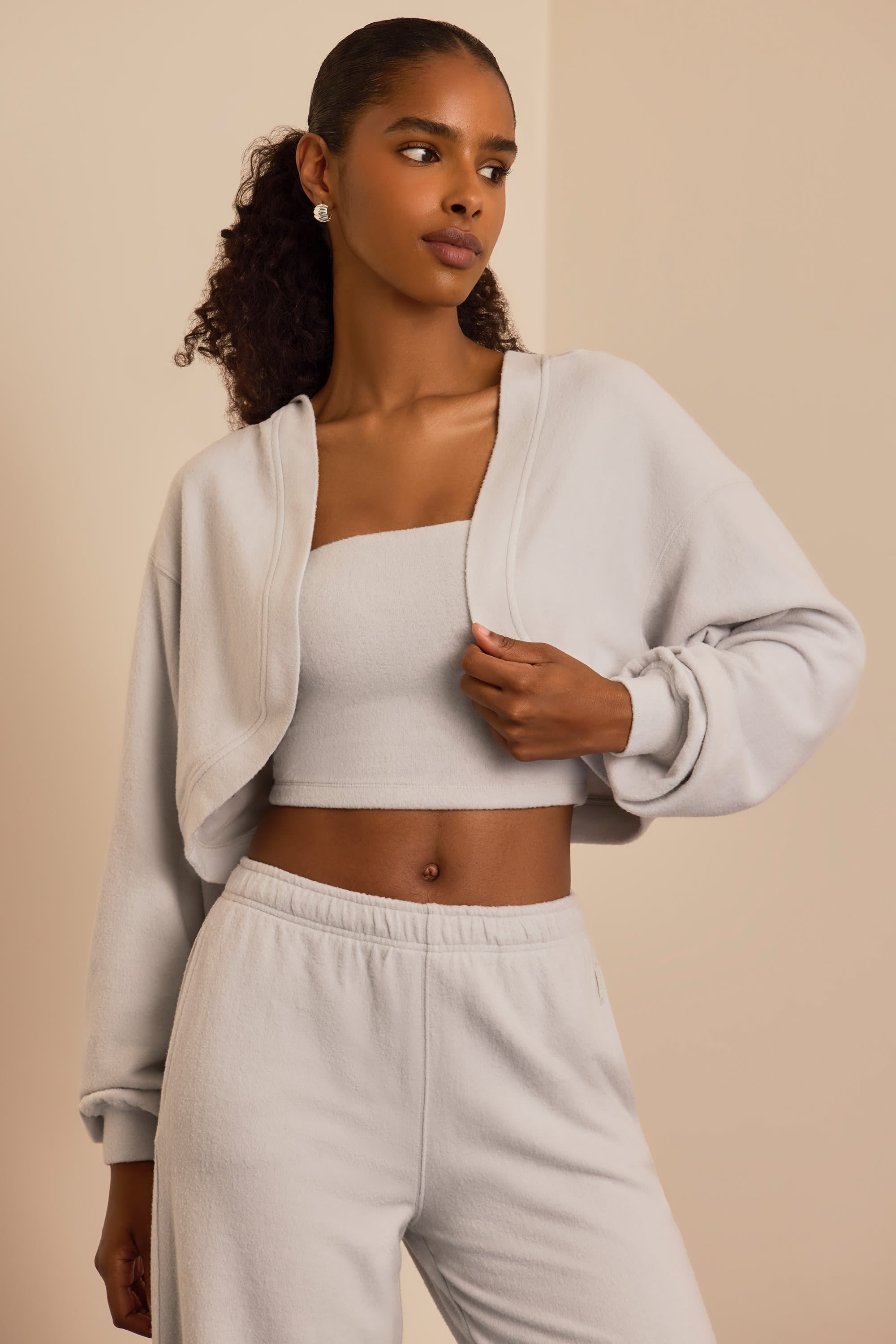 Brushed Jersey Hooded Cropped Shrug in Fog Grey