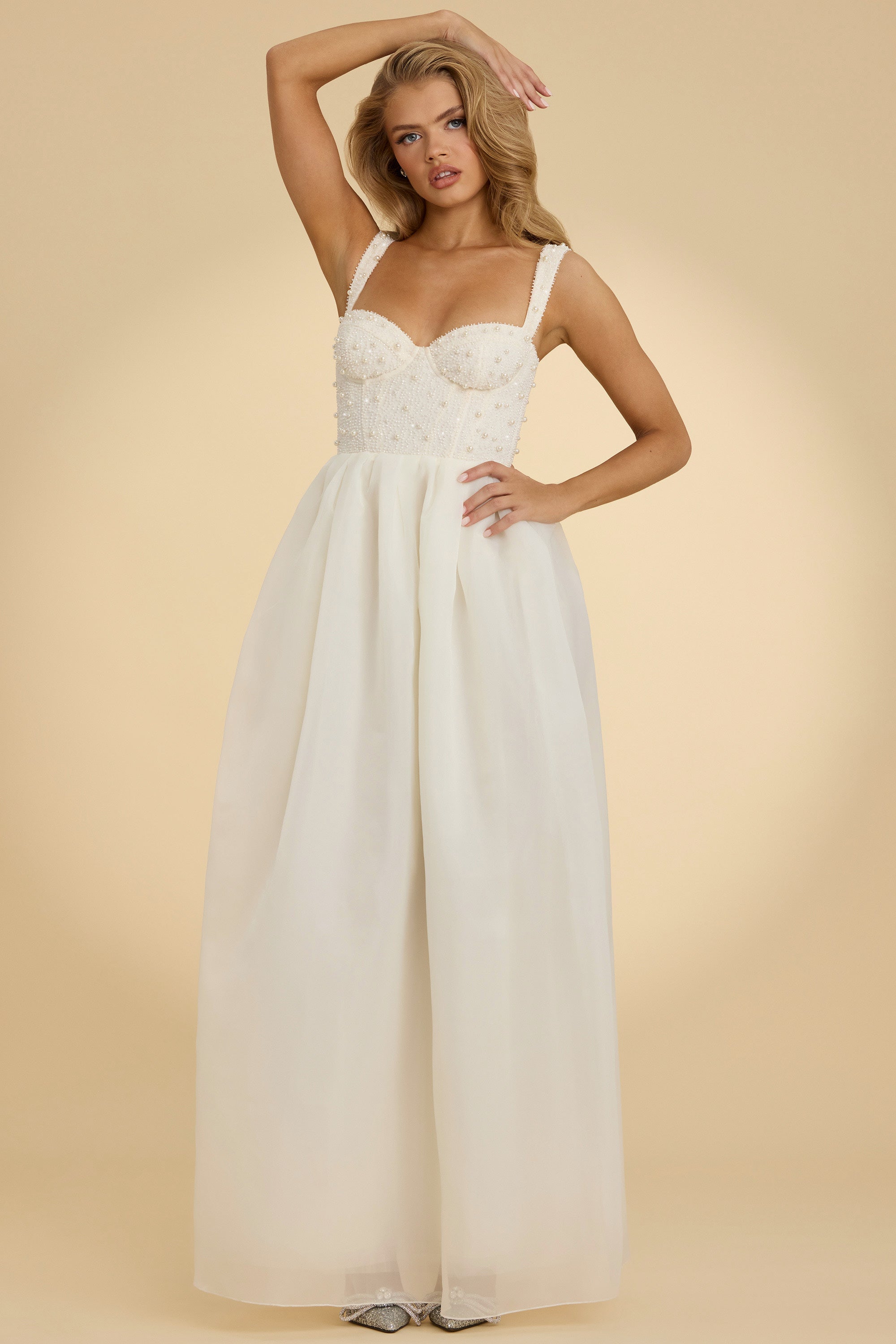 Corset Organza Maxi Dress in White