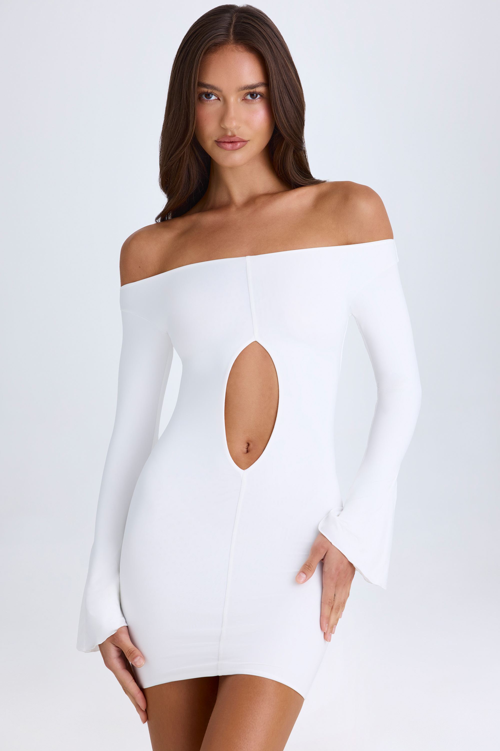 Off-Shoulder Cut-Out Mini Dress in White