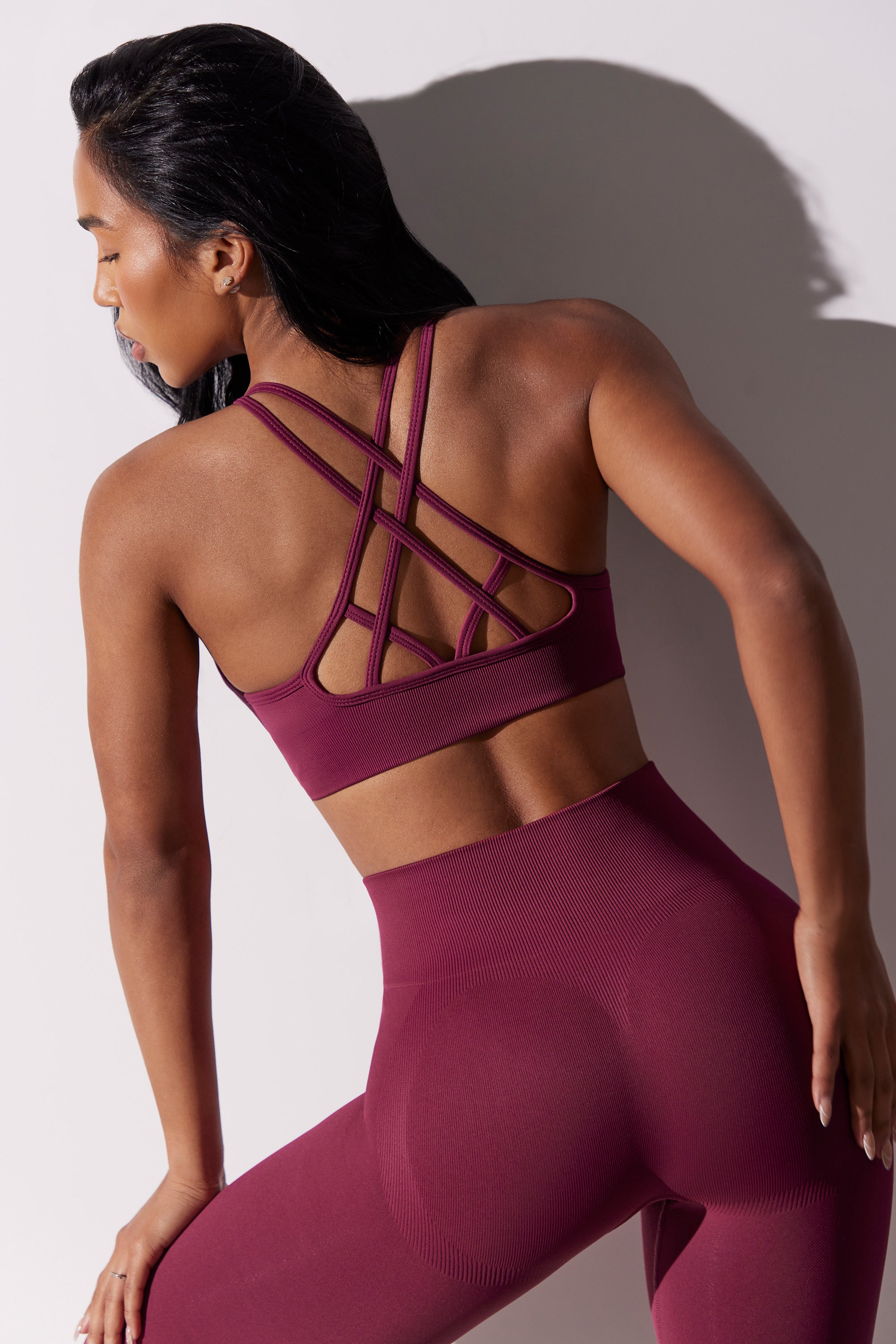 Scoop Neck Multi Strap Sports Bra in Plum