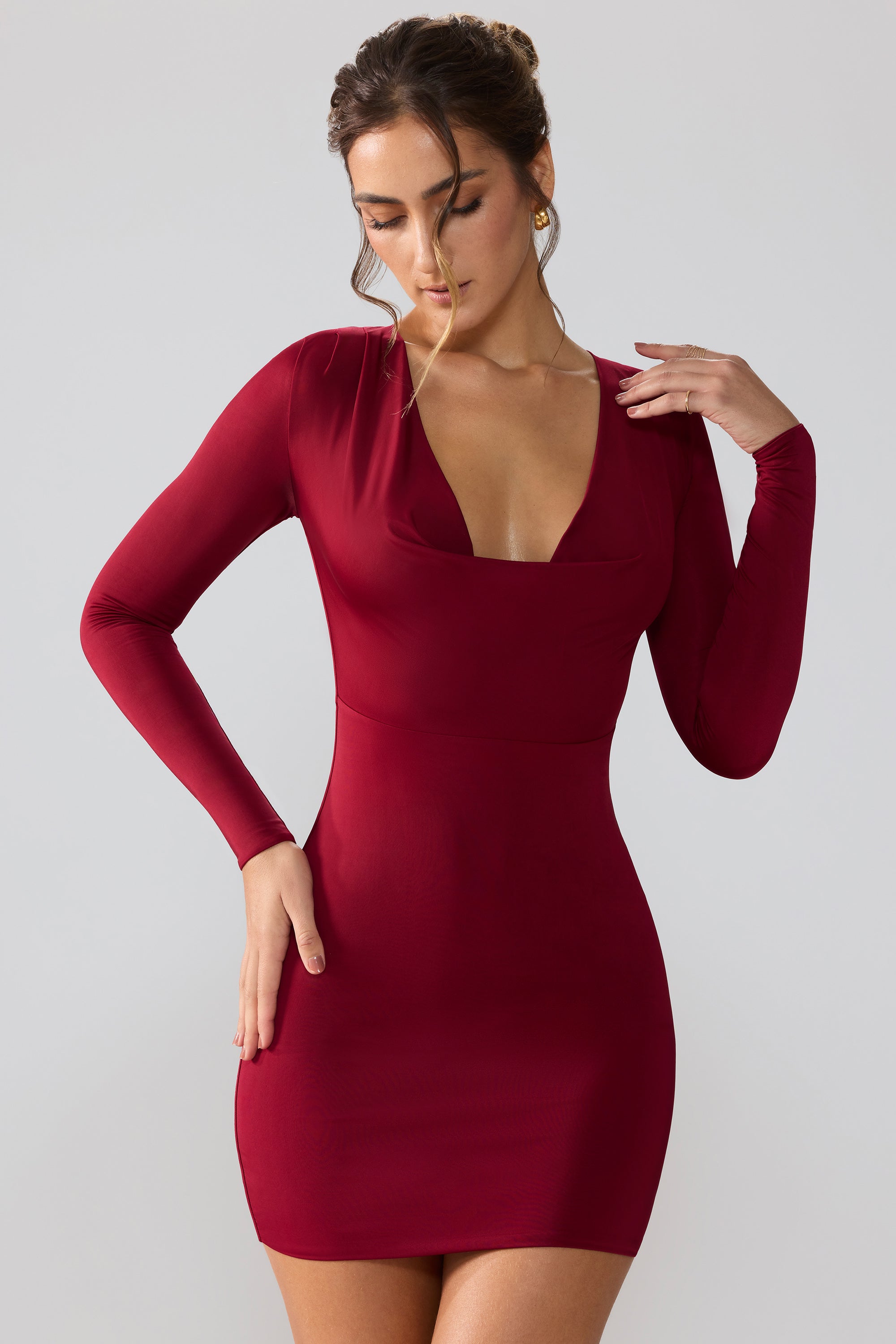 Slinky Jersey Long Sleeve Plunge Neck Mini Dress in Ruby