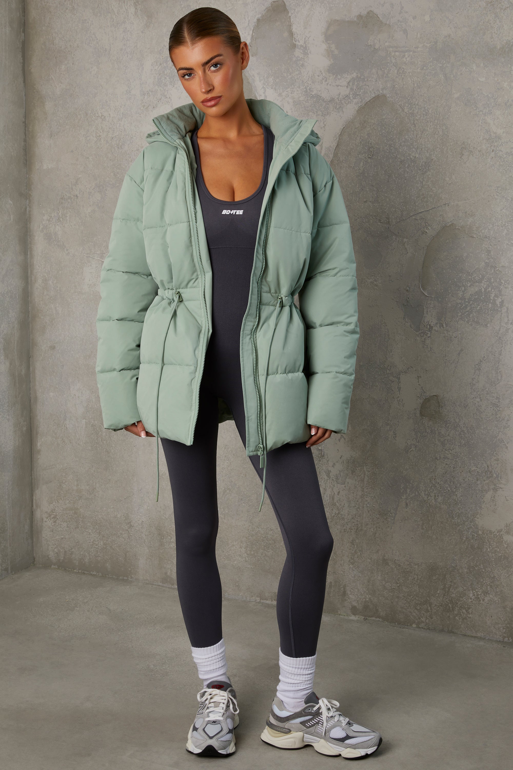 Mid Length Hooded Puffer Coat in Iceberg Green