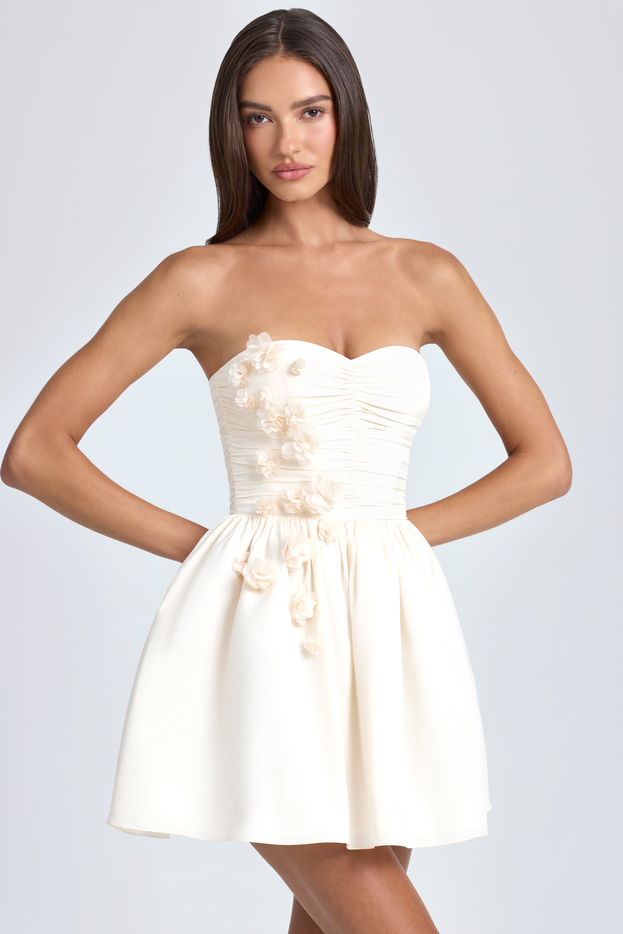 Bandeau Floral-Appliqué Corset Mini Dress in Ivory