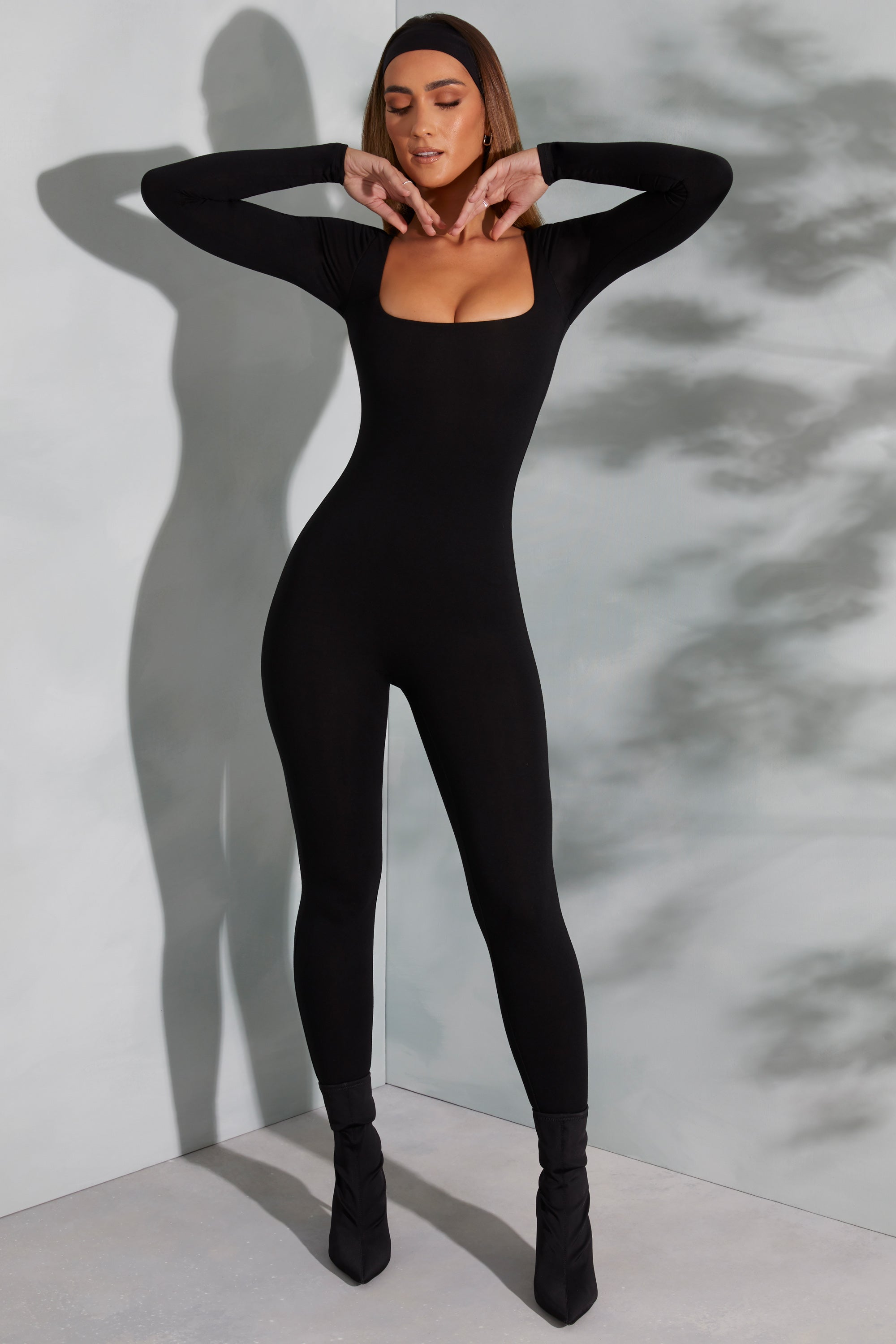 Square Neck Long Sleeve Jumpsuit in Black