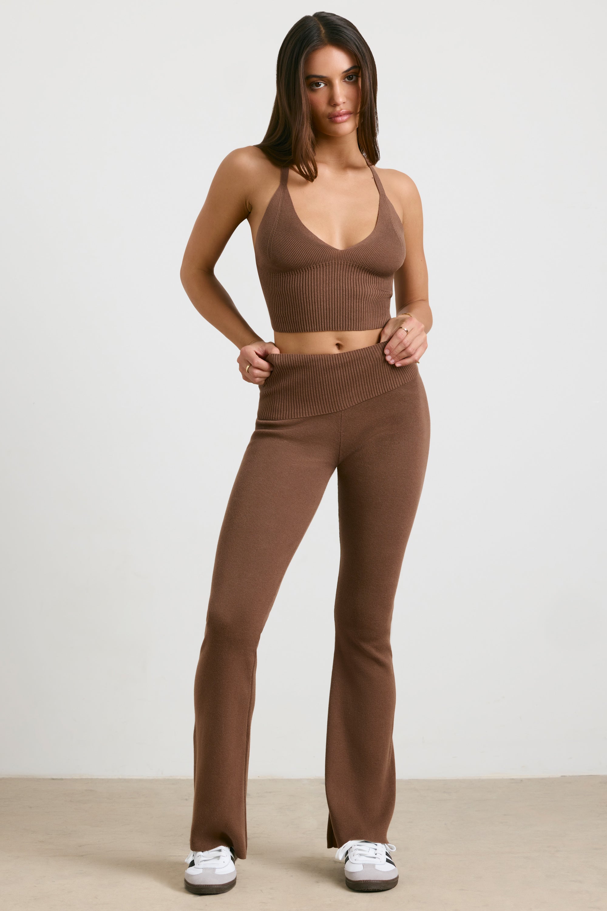 Chunky Knit Kick Flare Trousers in Espresso