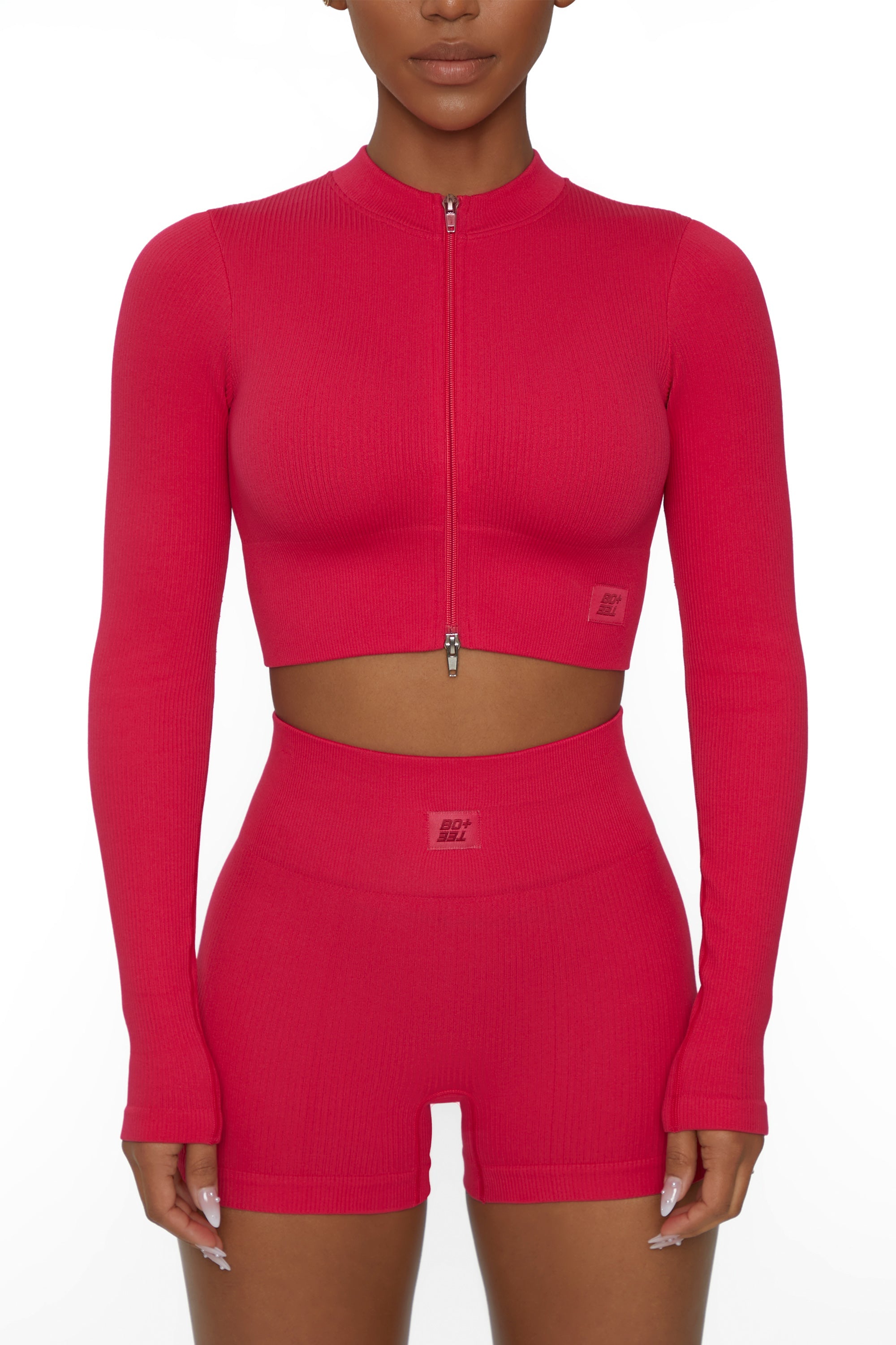 Long Sleeve Zip Crop Top in Hot Pink