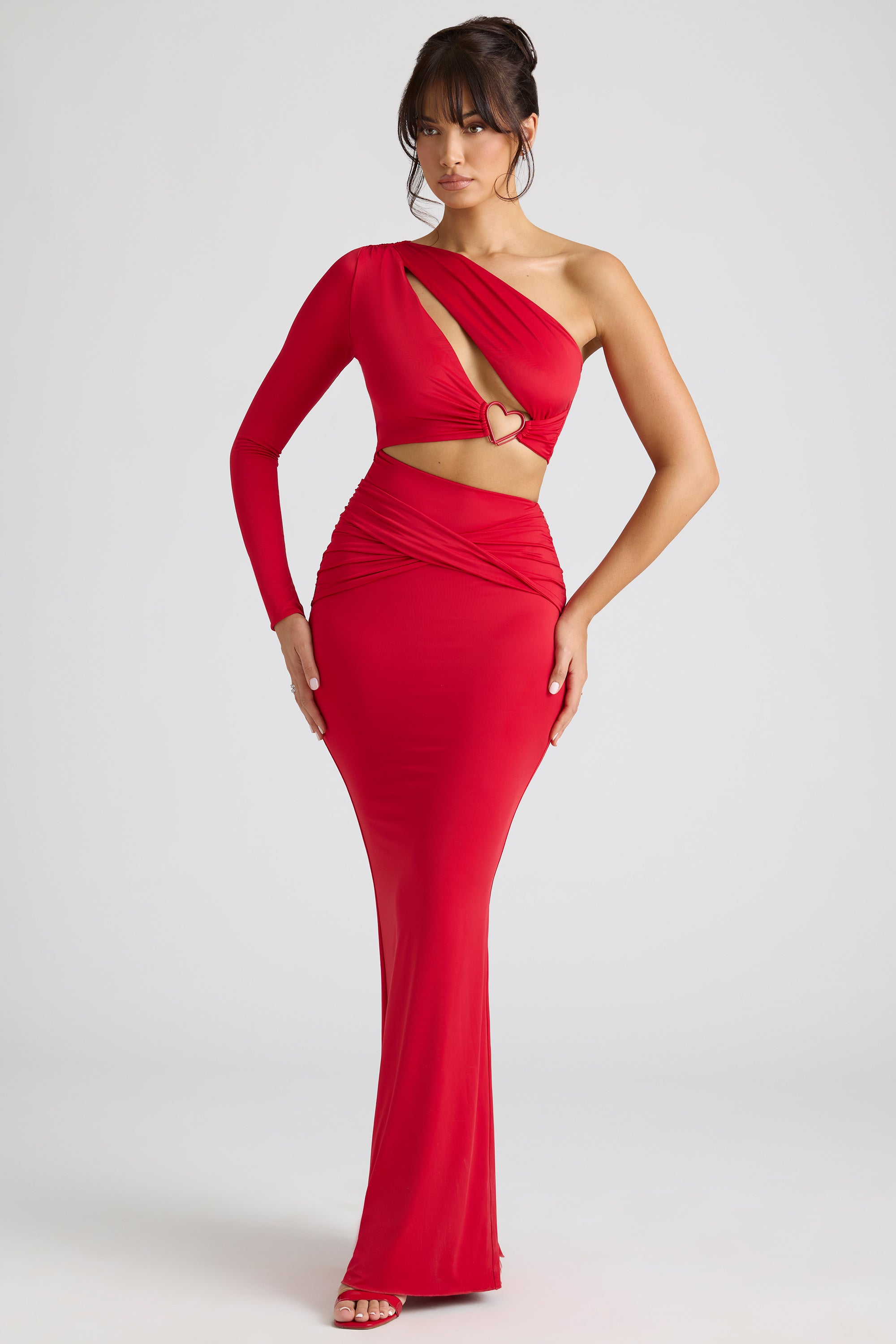 Single Sleeve Cut Out Evening Gown in Fire Red