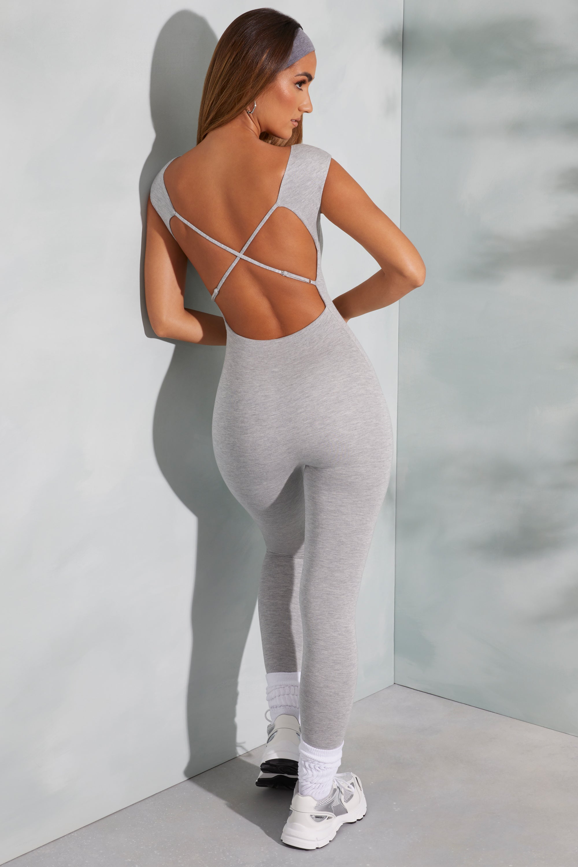 Petite Open Back Scoop Neck Jumpsuit in Marled Grey