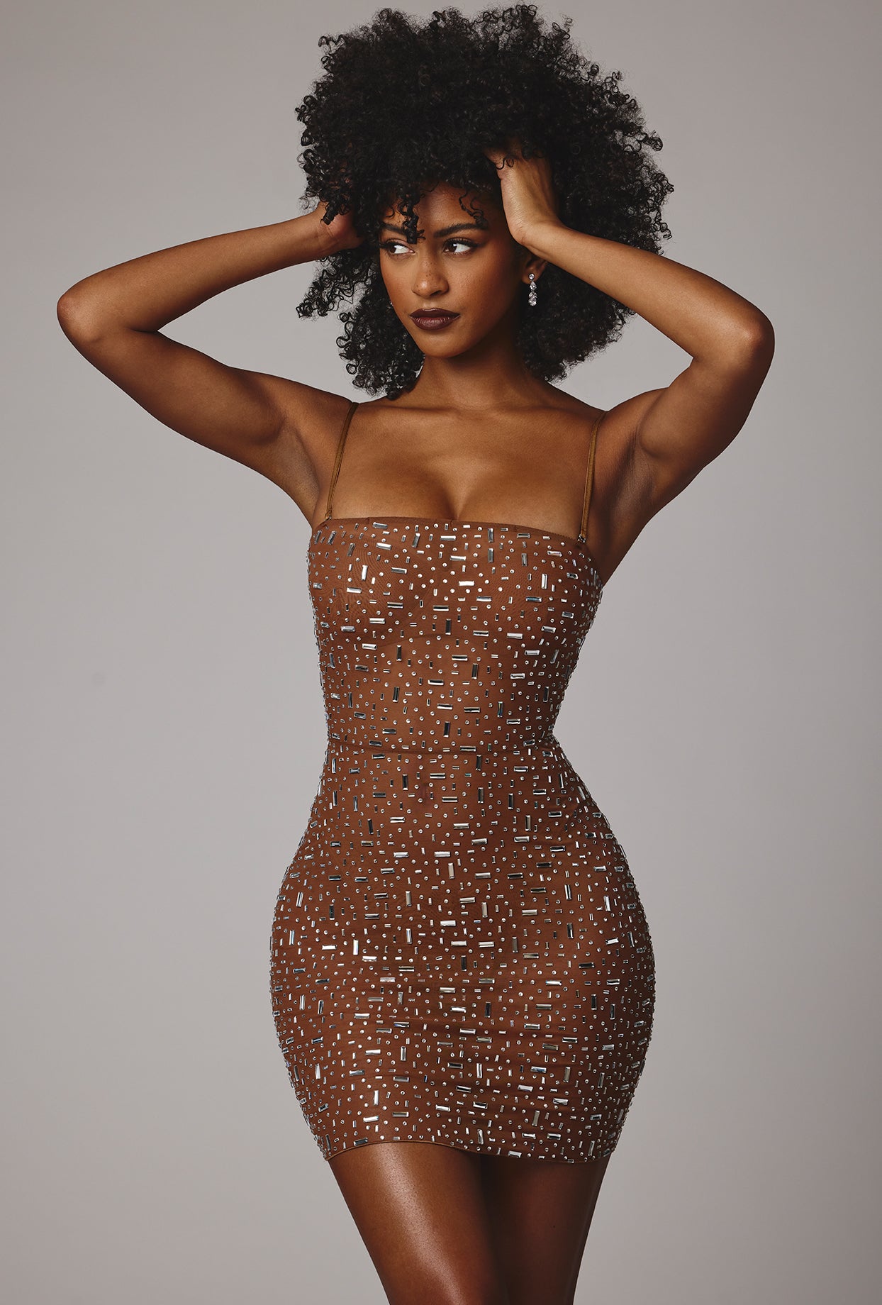 Sheer Embellished Bodycon Mini Dress in Mocha