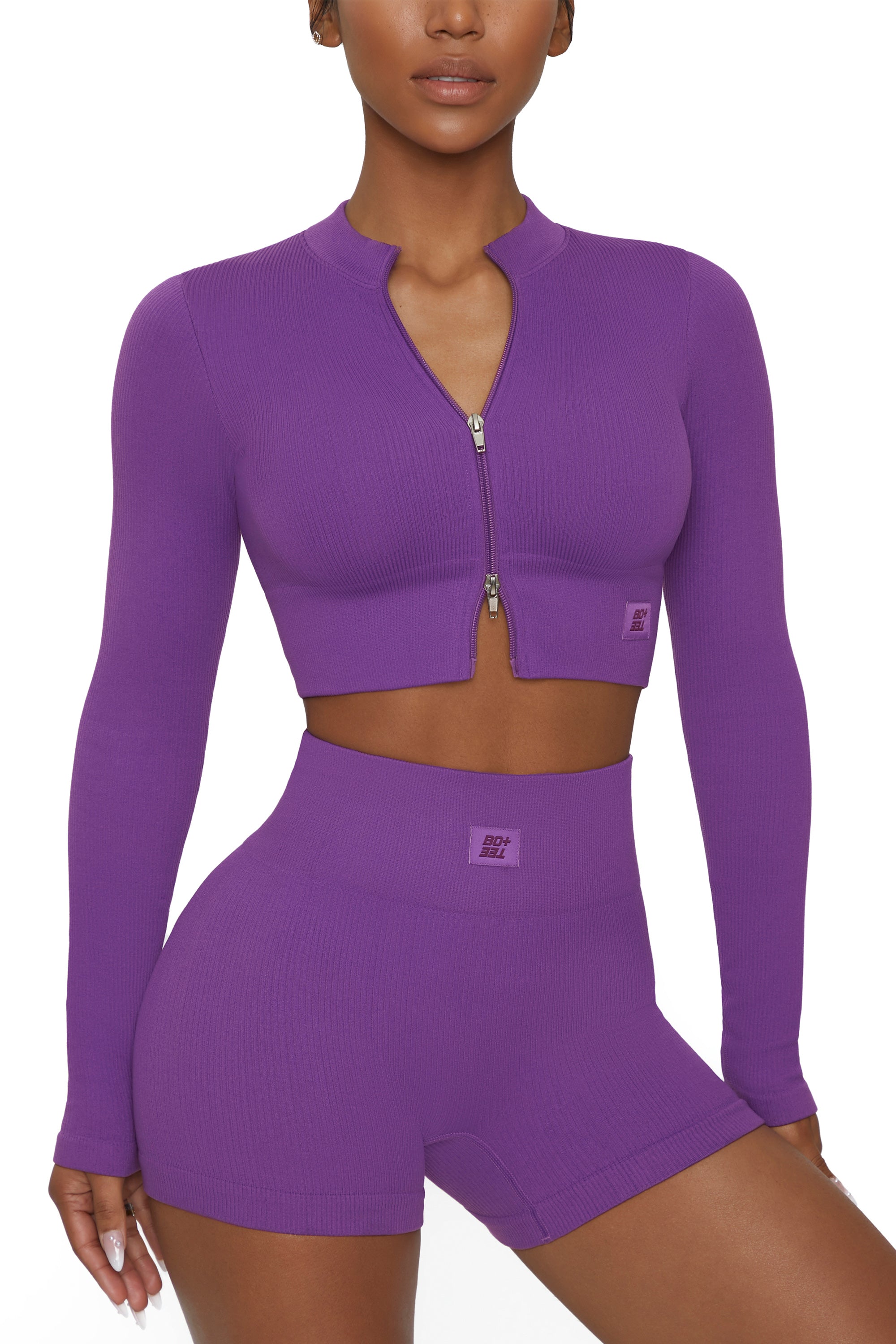 Long Sleeve Zip Crop Top in Purple