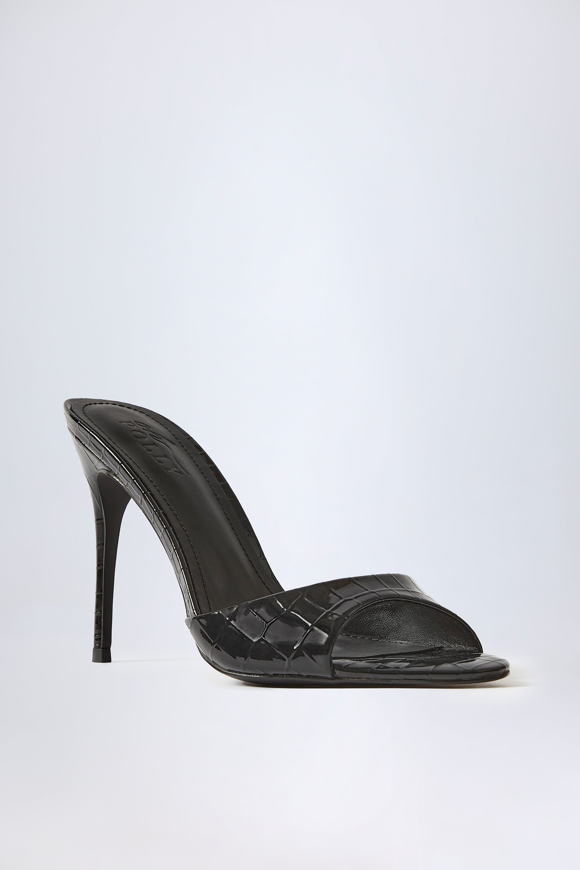 Almond-Toe Heeled Mules in Croc Patent Black