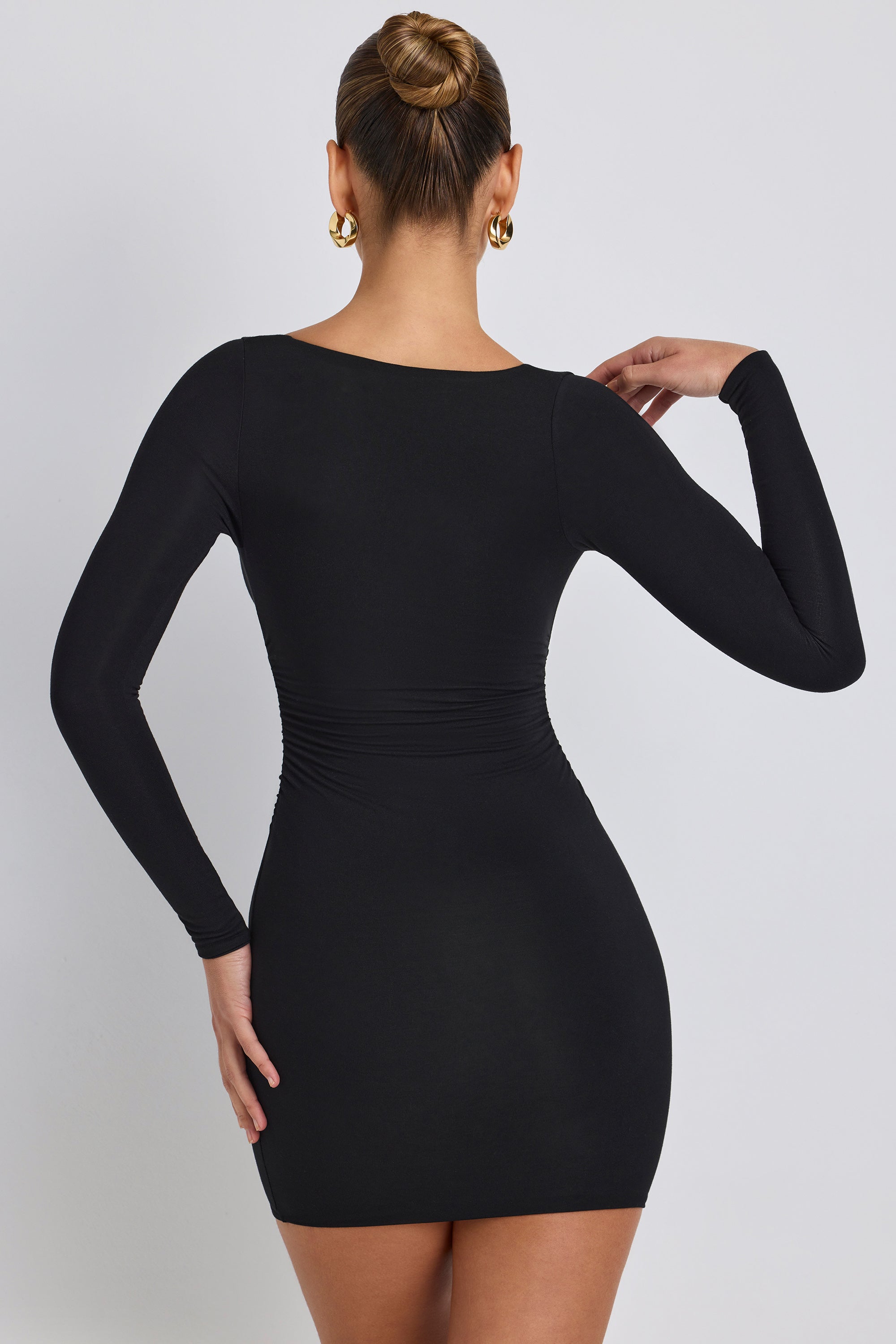 Modal Ruched Long-Sleeve Mini Dress in Black