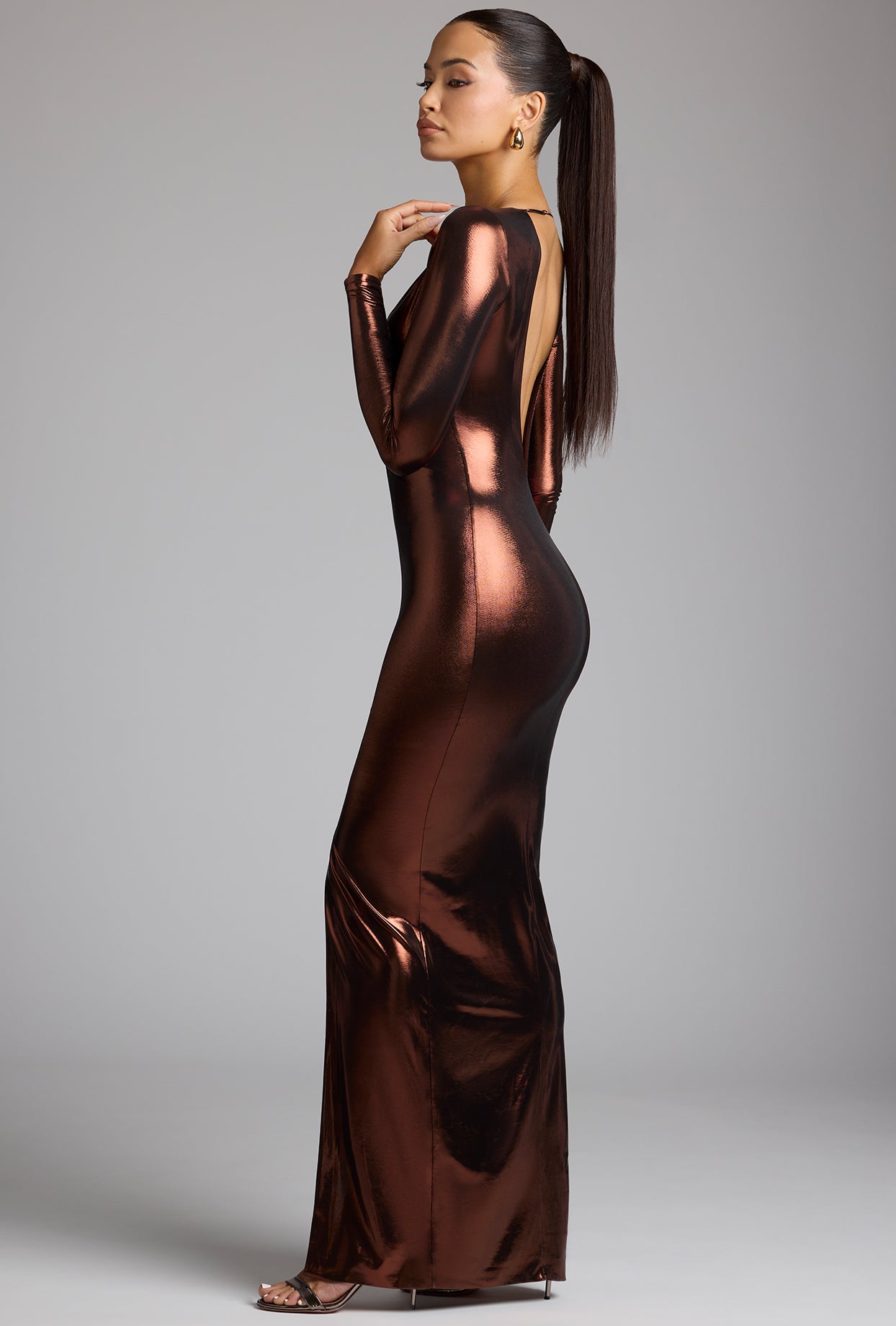 Long Sleeve Metallic Jersey Evening Gown in Copper Bronze