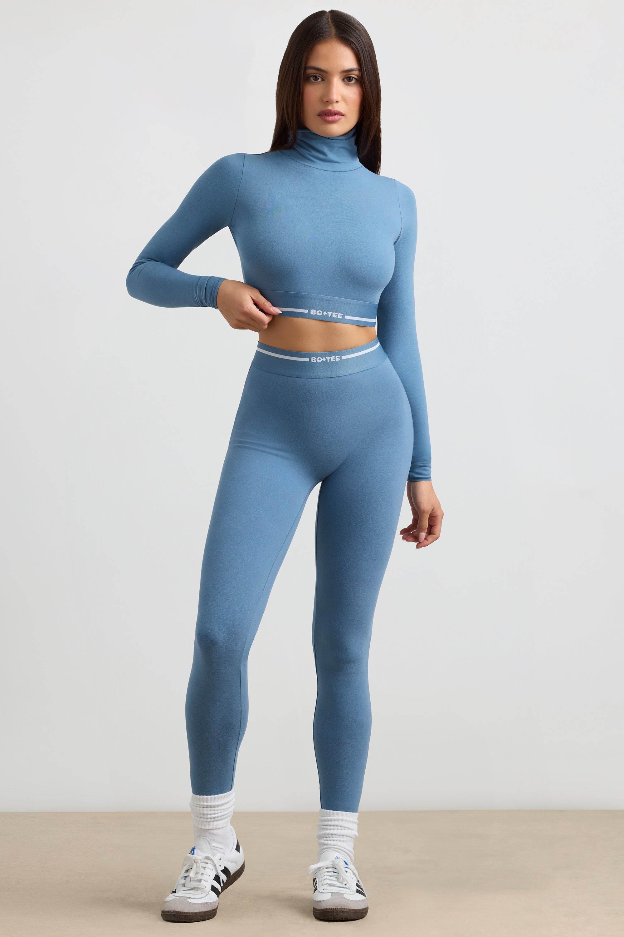 Turtleneck Backless Long-Sleeve Crop Top in Steel Blue