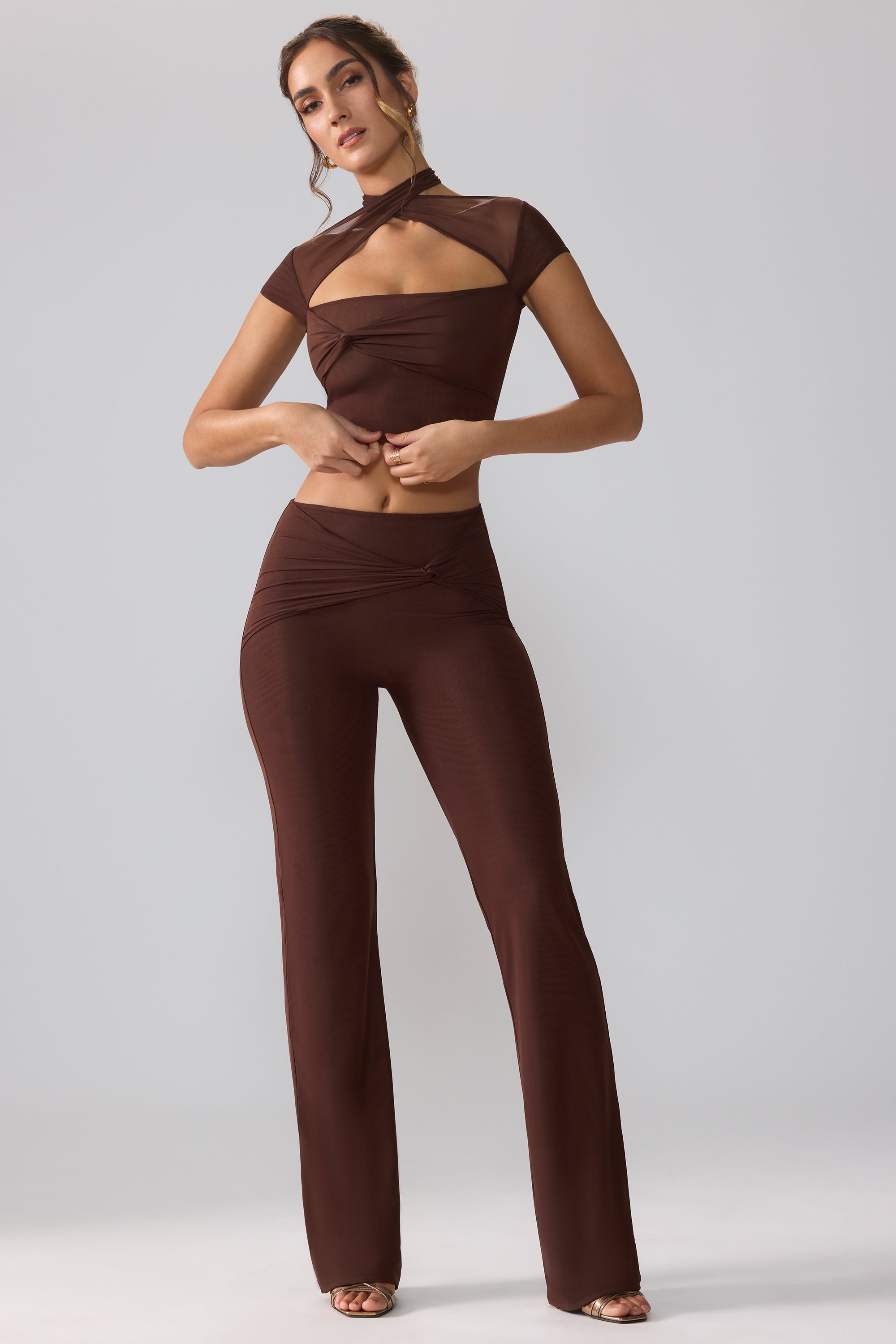 Tall Mesh Mid Rise Twist Overlay Flare Trousers in Espresso