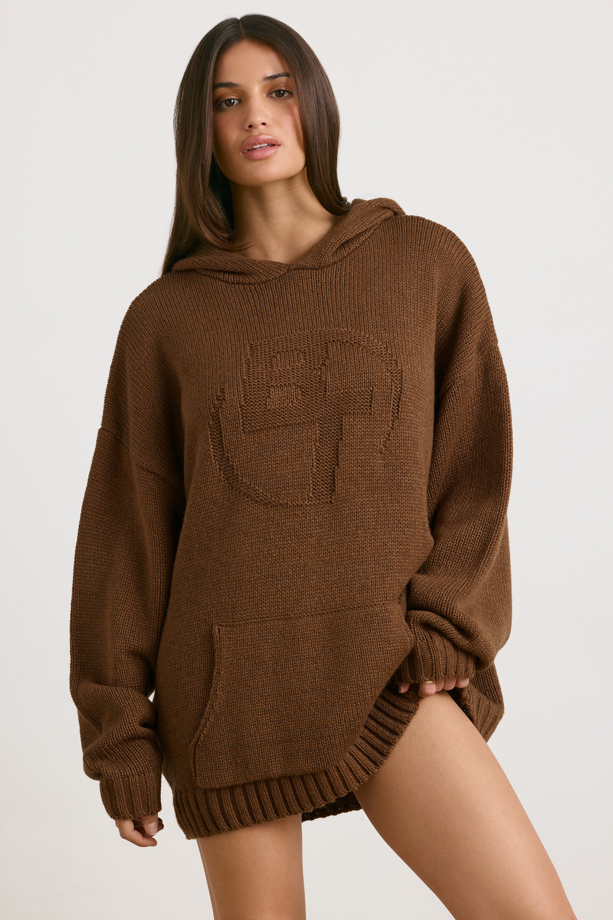 Oversized Chunky Knit Hoodie in Espresso