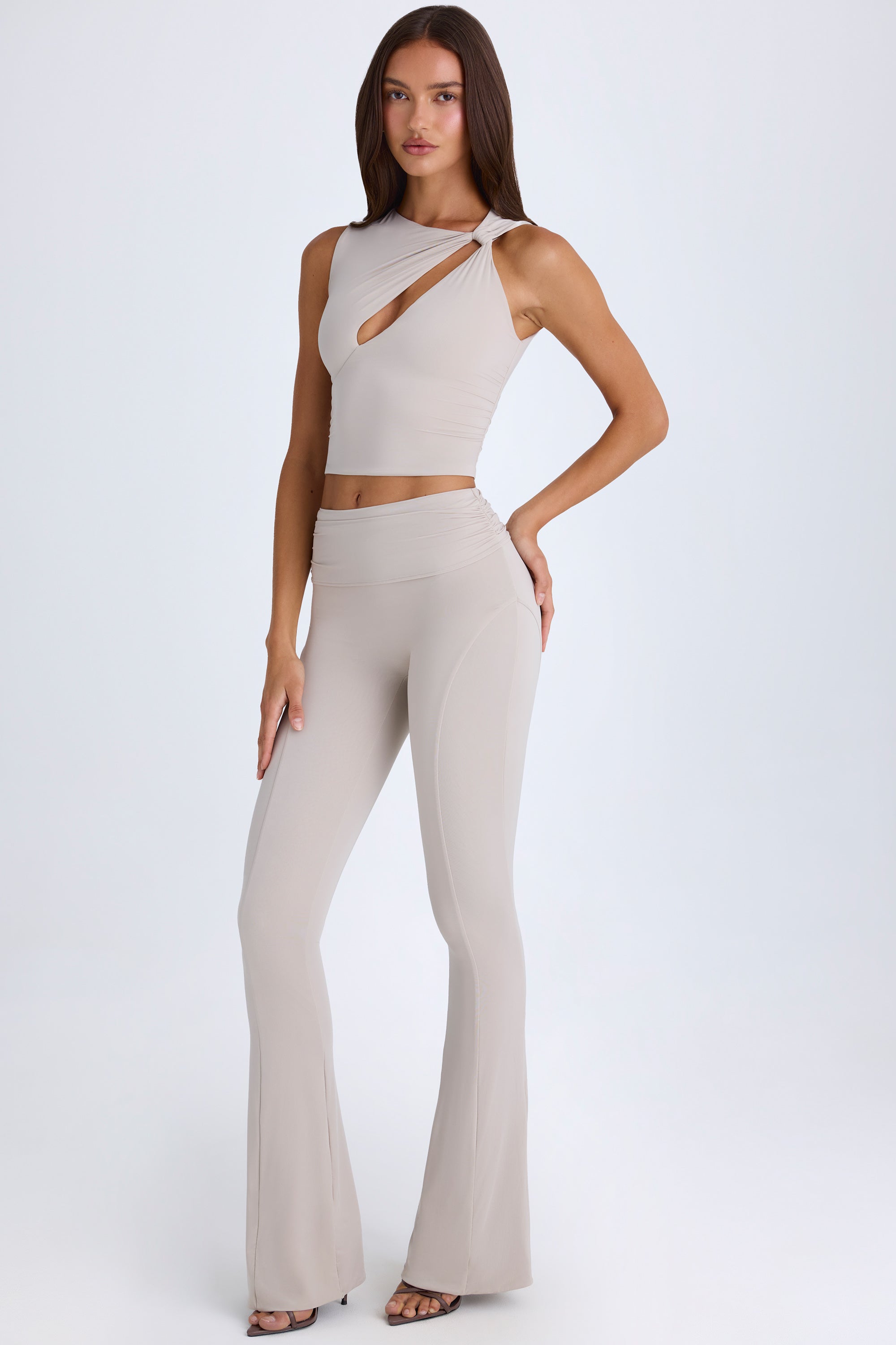 Petite Foldover Flared Trousers in Taupe