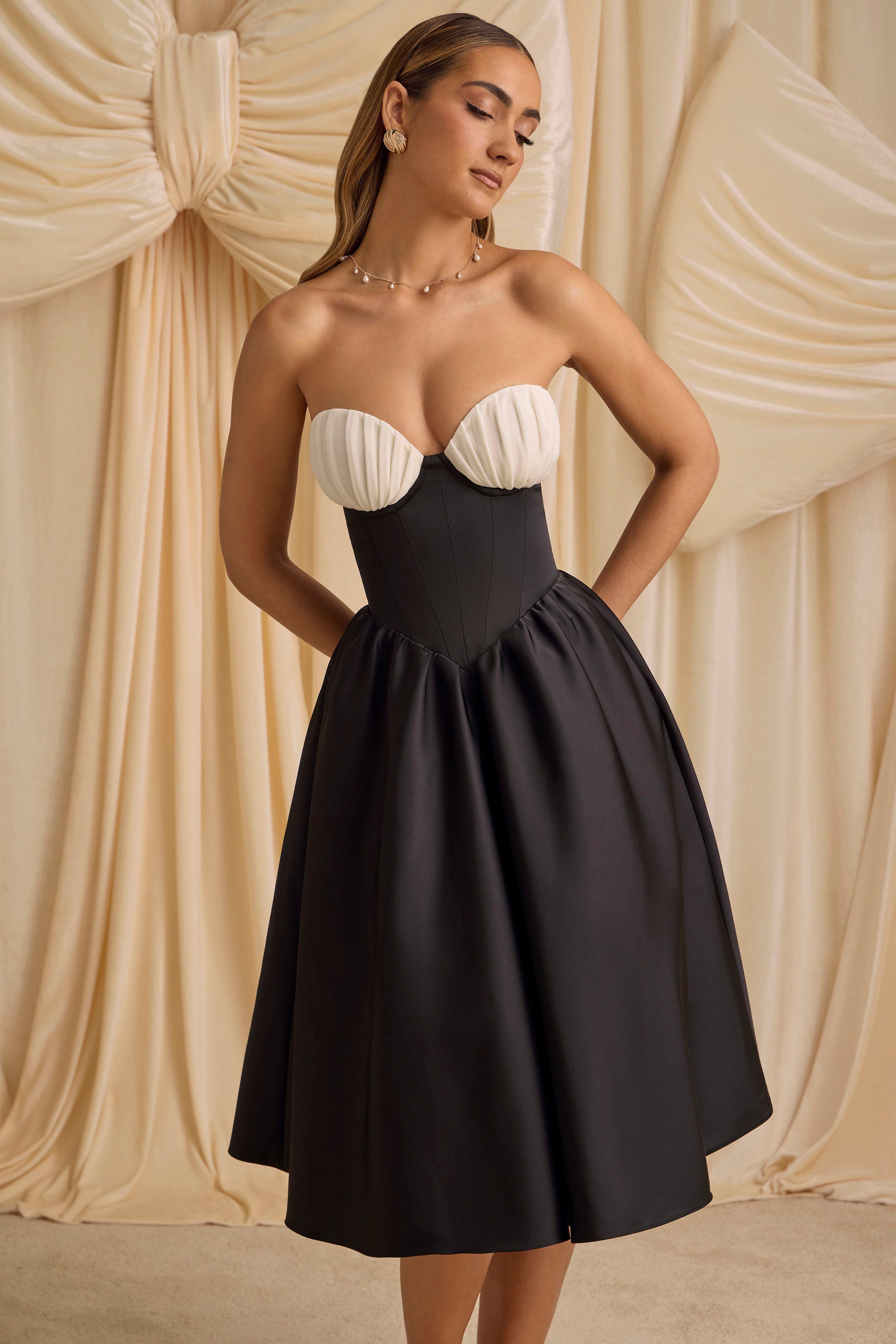 Strapless Corset Midi Dress in Black