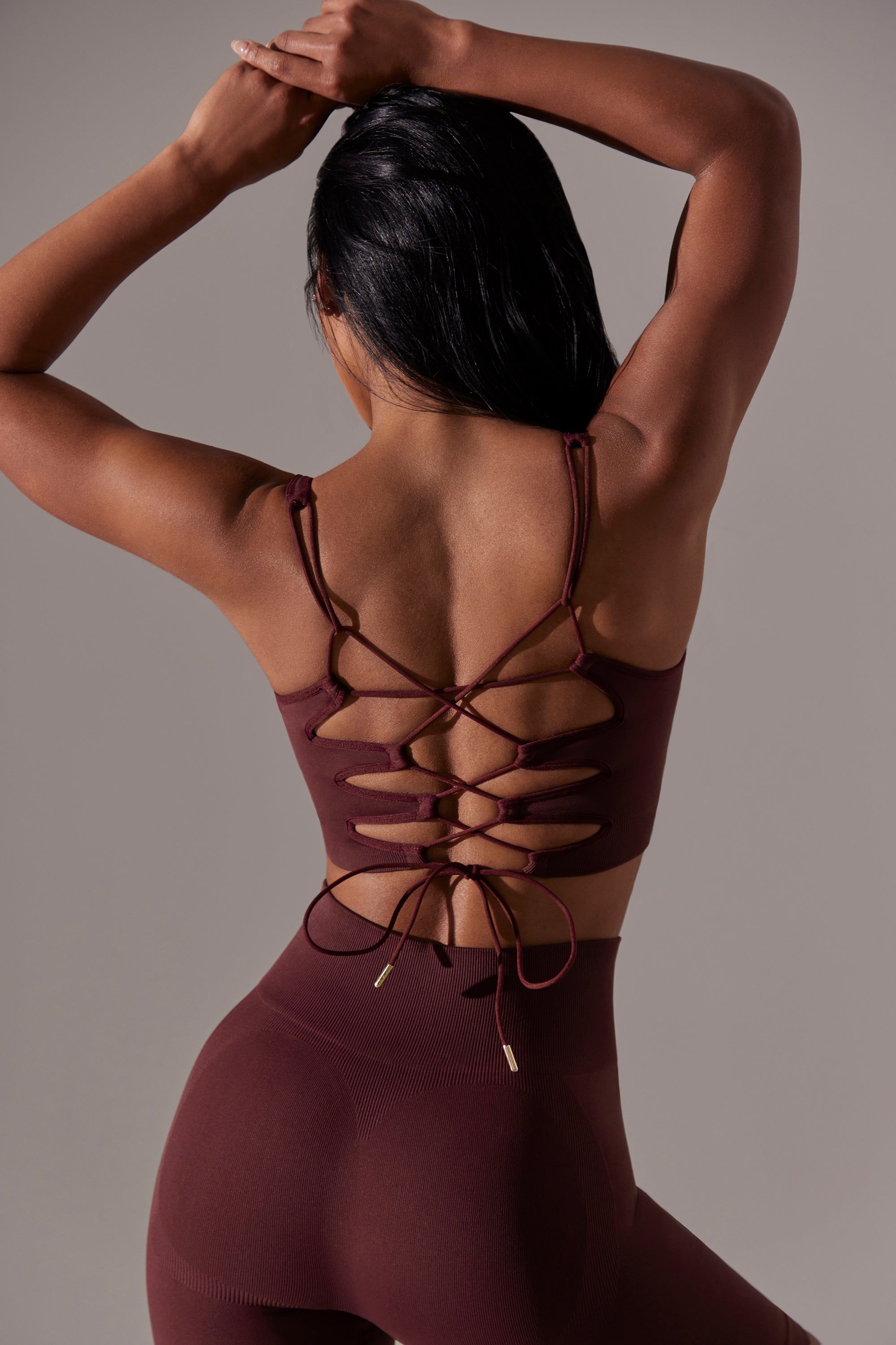 Open Back Square Neck Sports Bra in Burgundy