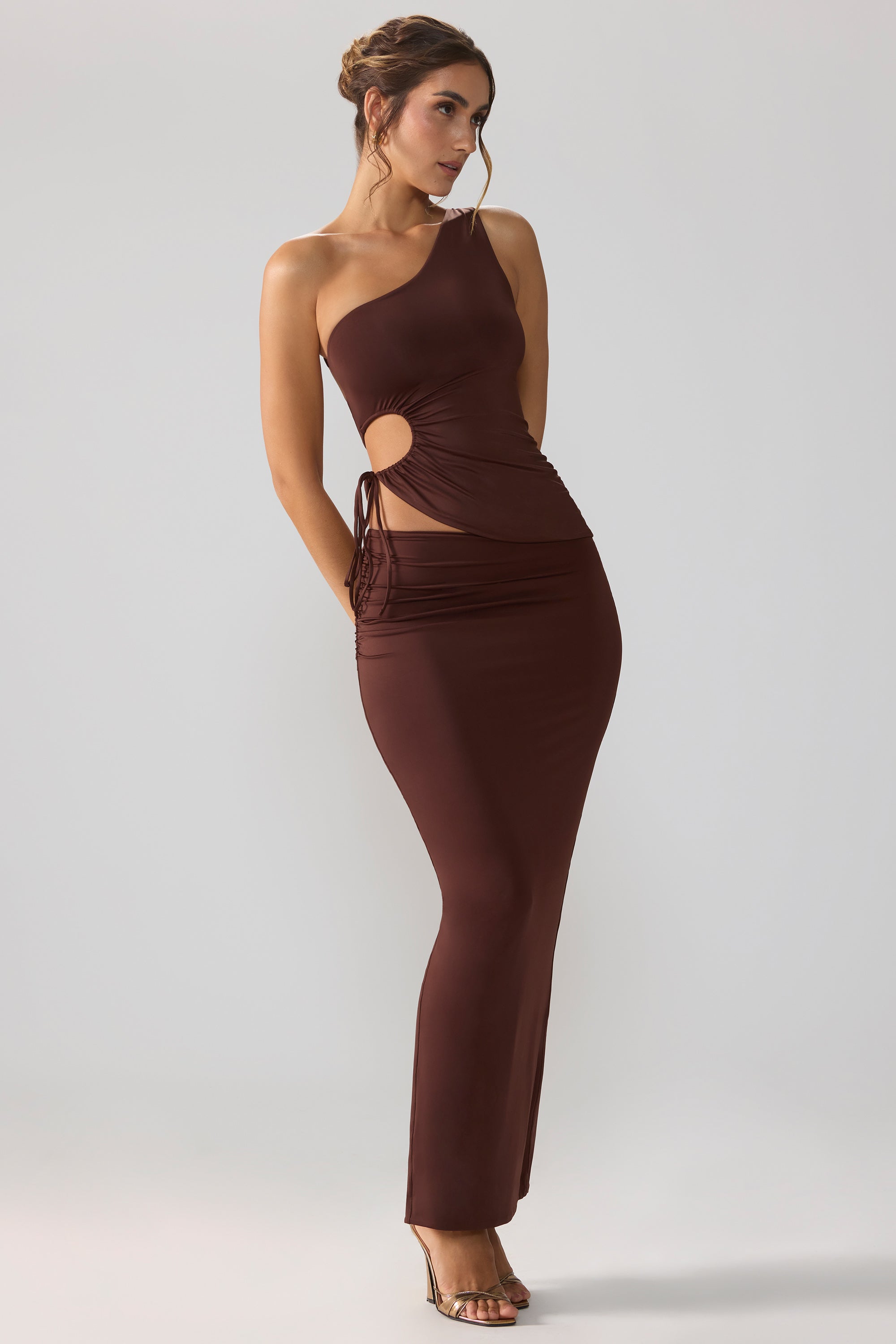 Slinky Jersey Asymmetric Waist Maxi Skirt in Espresso