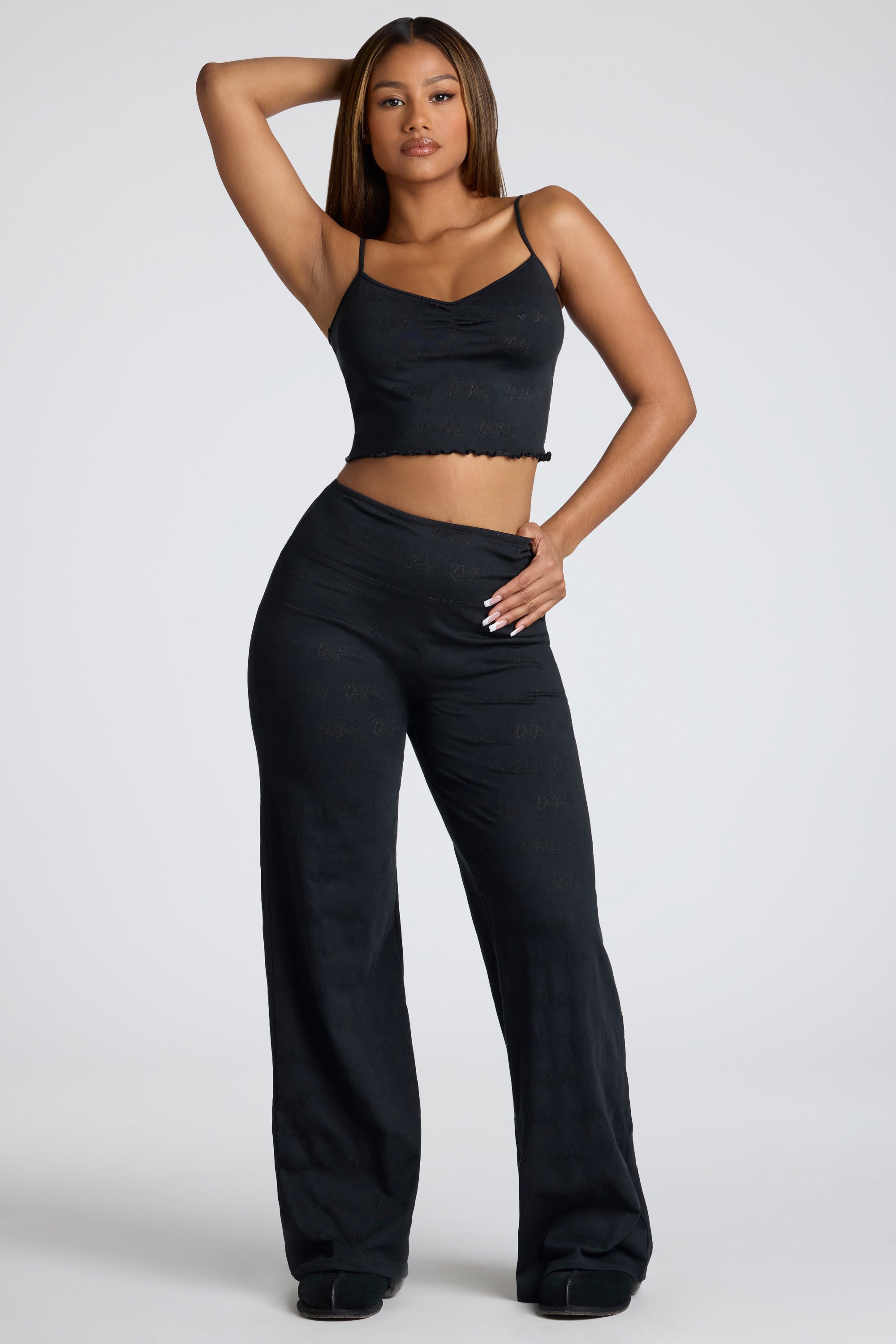 Petite Mid Rise Straight Leg Pointelle Trousers in Black