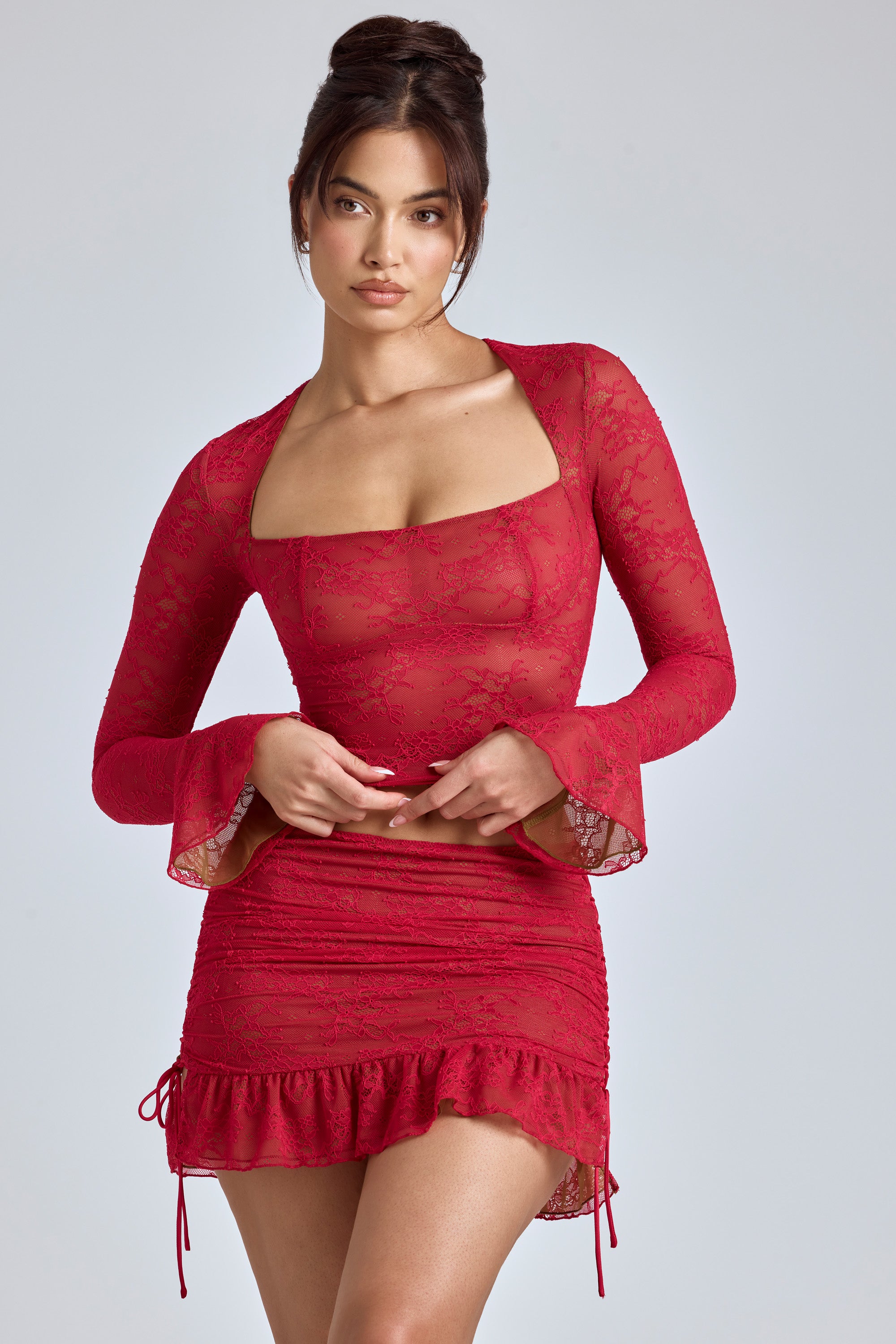 Lace Long Sleeve Top in Cherry Red