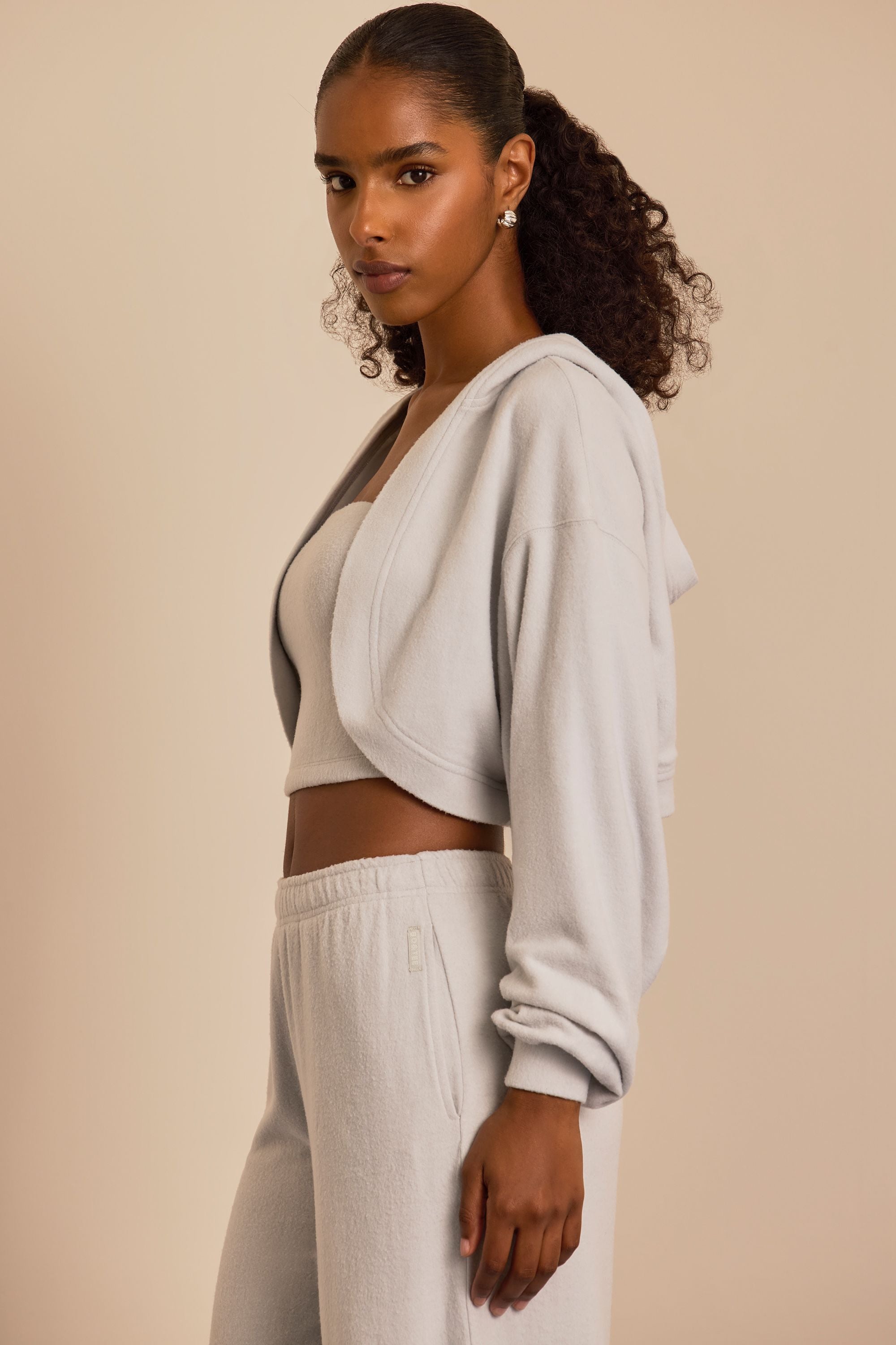 Brushed Jersey Hooded Cropped Shrug in Fog Grey