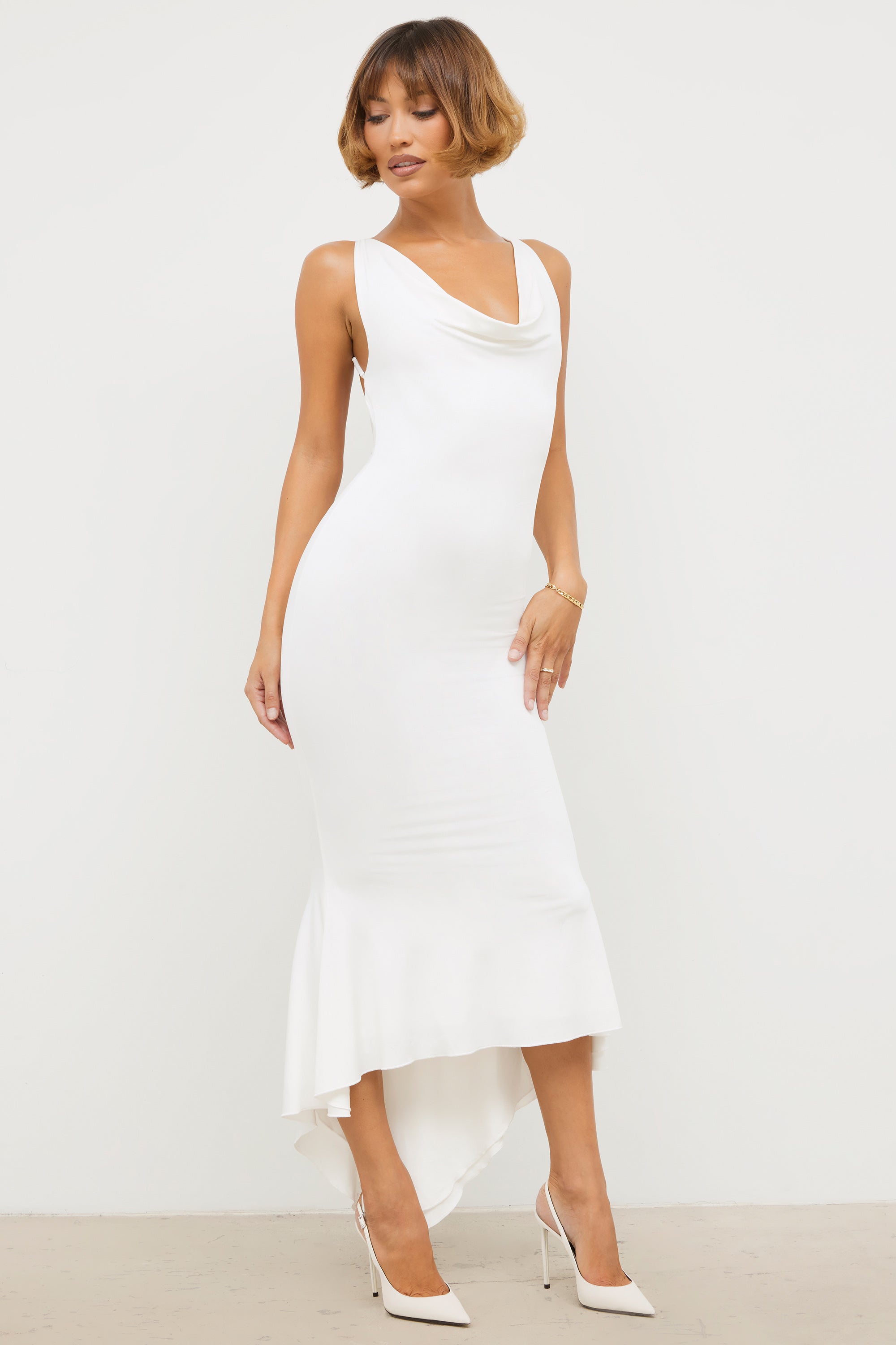 Slinky Jersey Rose Detail Midi Dress in White