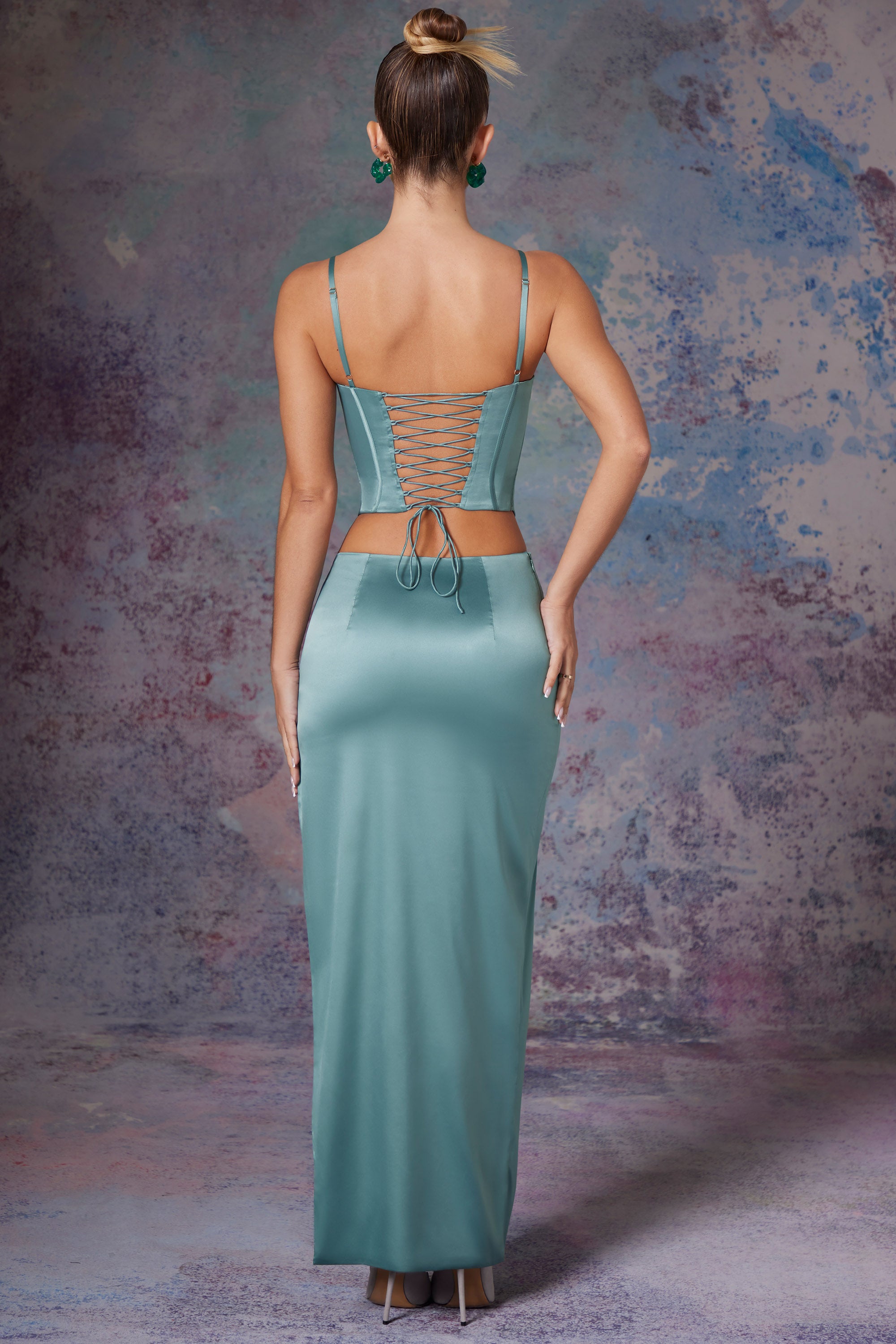 Side Split Satin Maxi Skirt in Light Teal