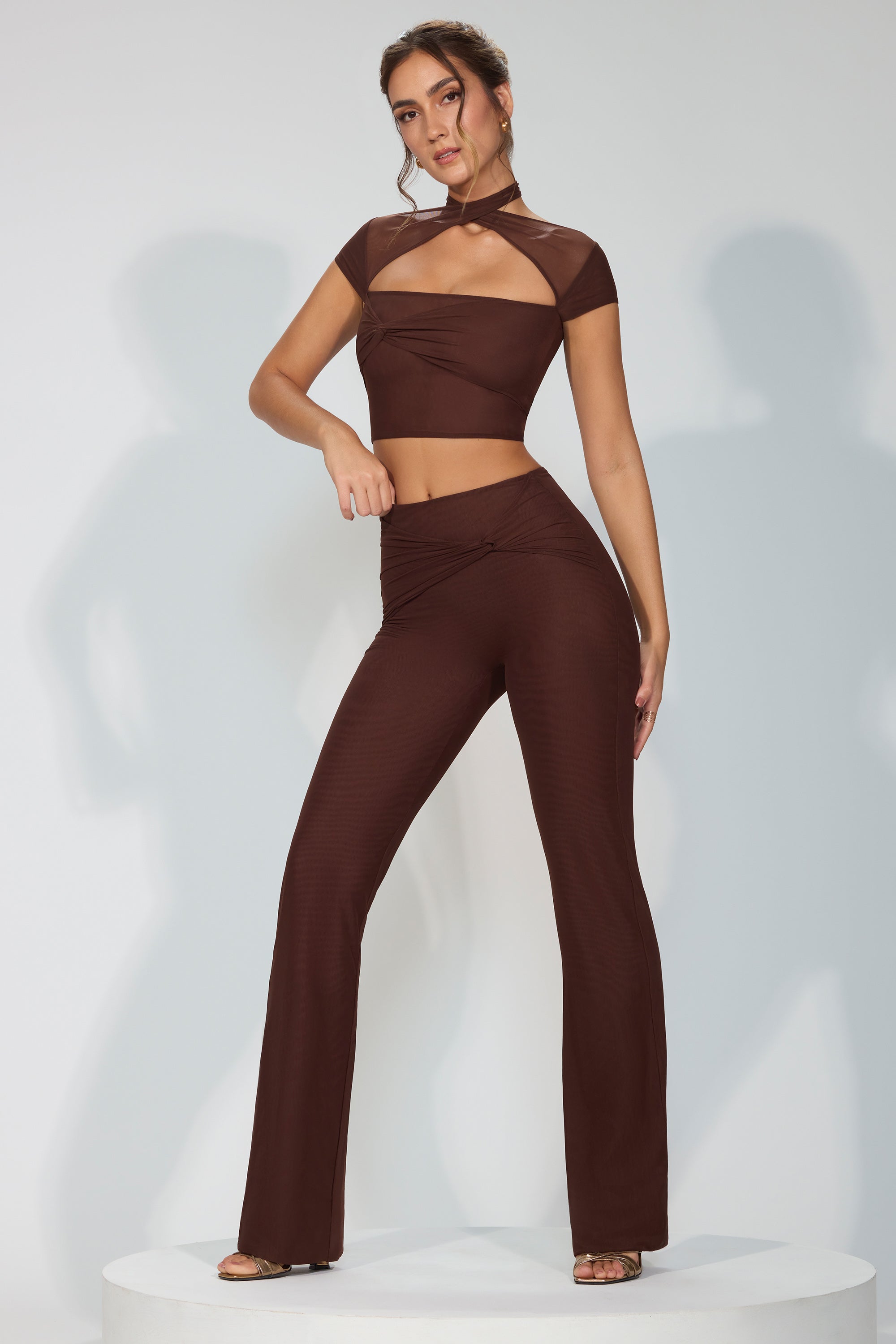 Tall Mesh Mid Rise Twist Overlay Flare Trousers in Espresso