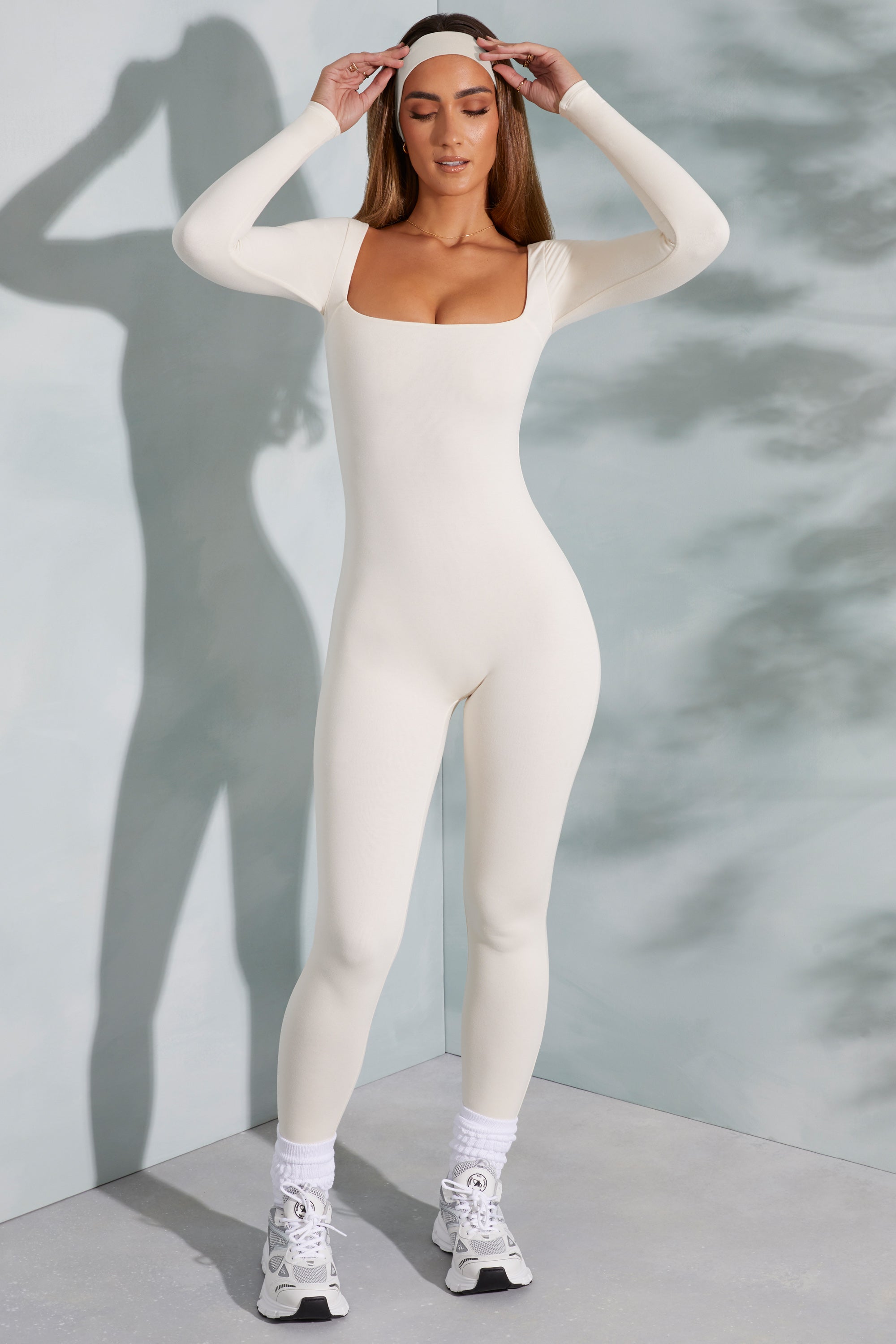 Petite Square Neck Long Sleeve Jumpsuit in Ivory