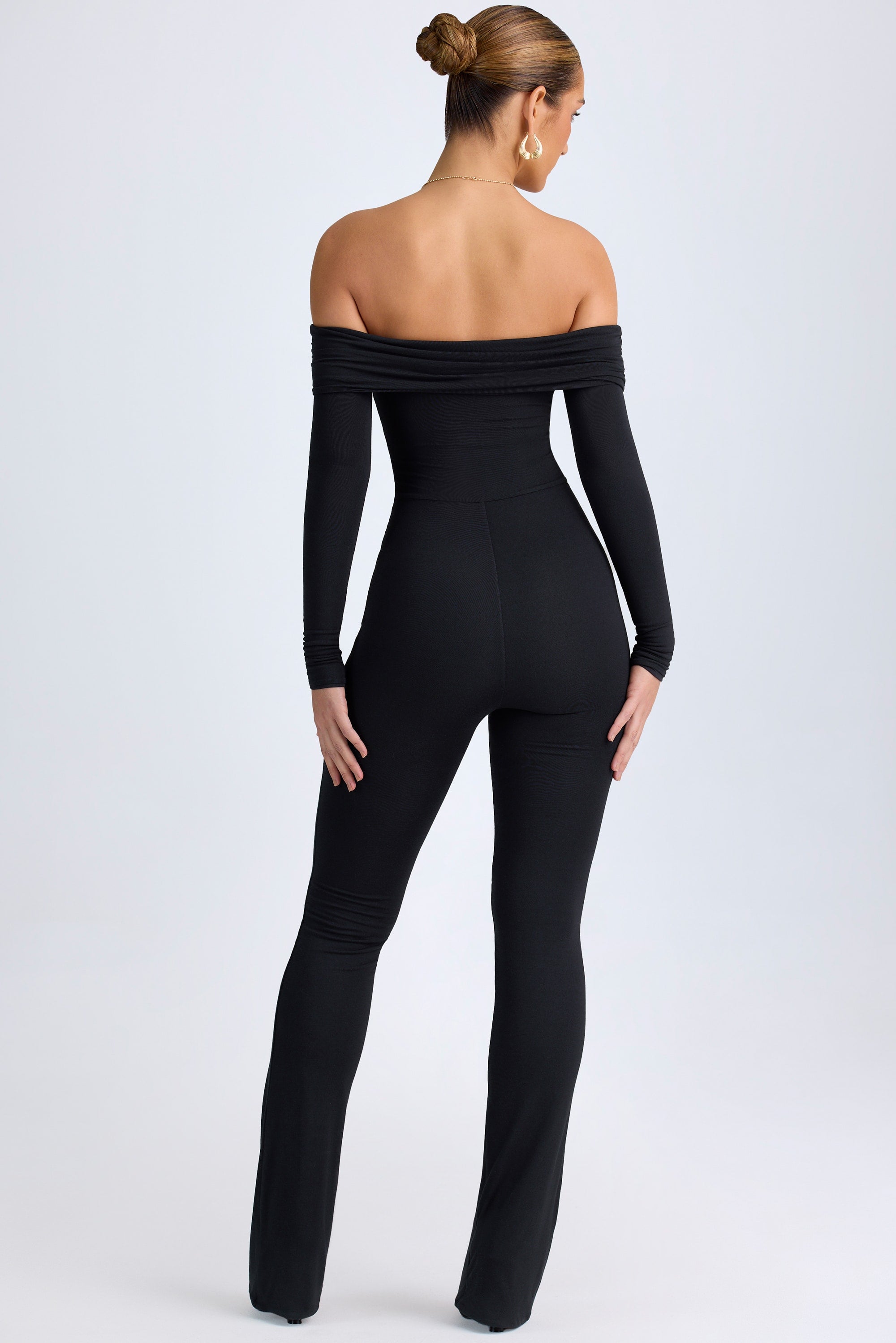 Petite Modal Off-Shoulder Ruched Jumpsuit in Black