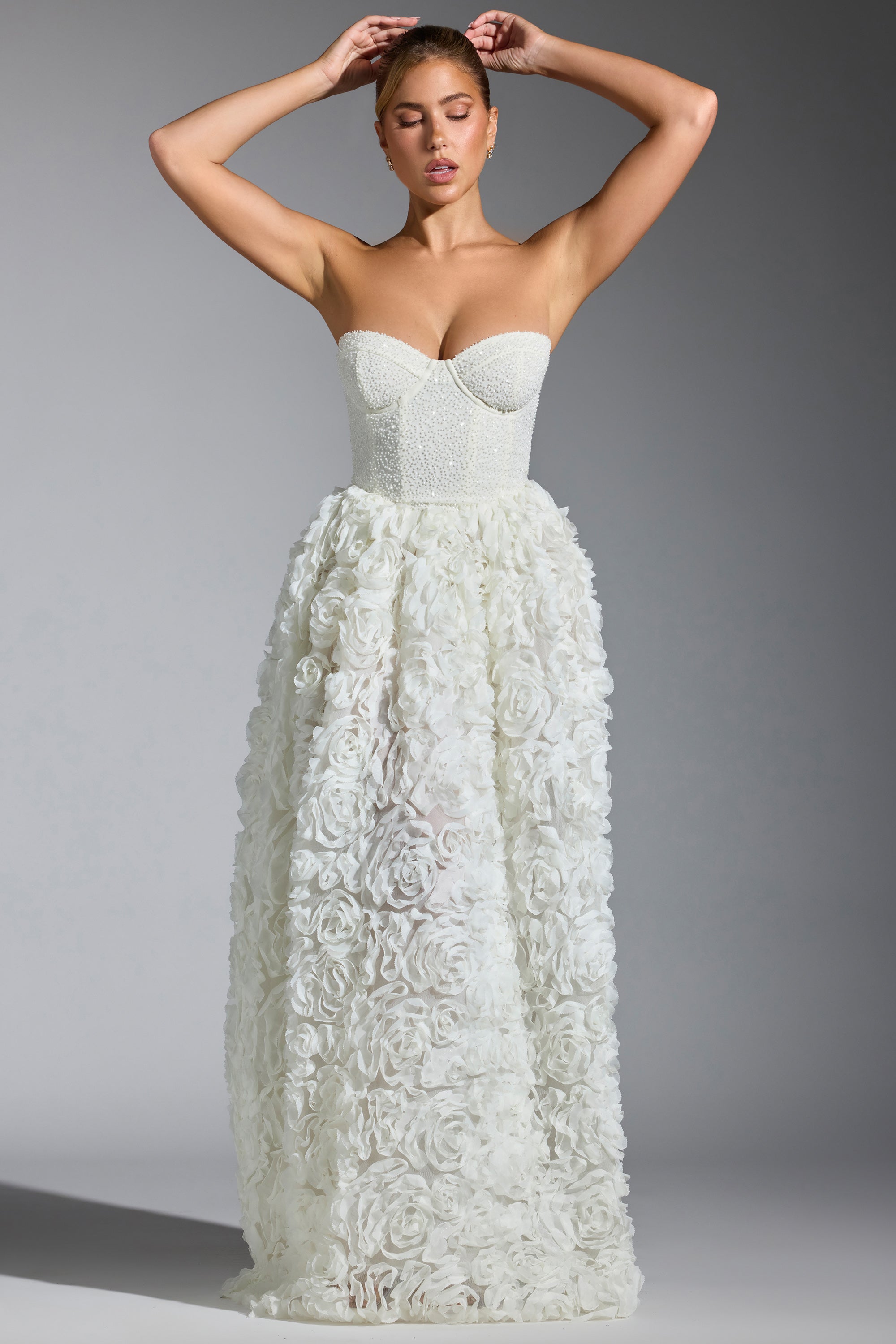 Embellished Floral-Appliqué Corset Gown in White