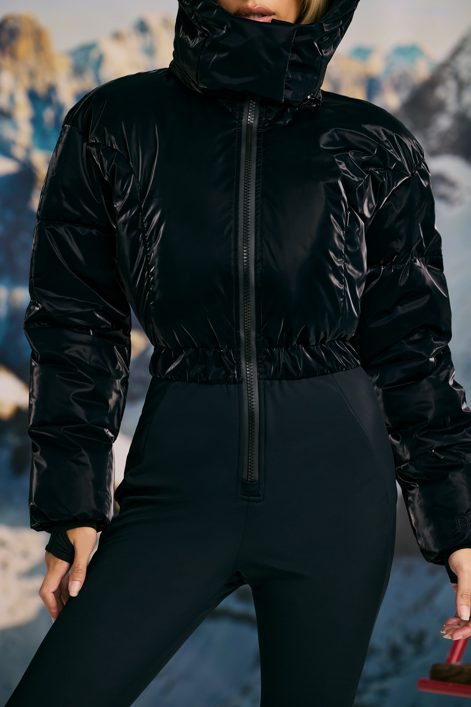 Fleece-Lined Hooded Ski Suit in Black